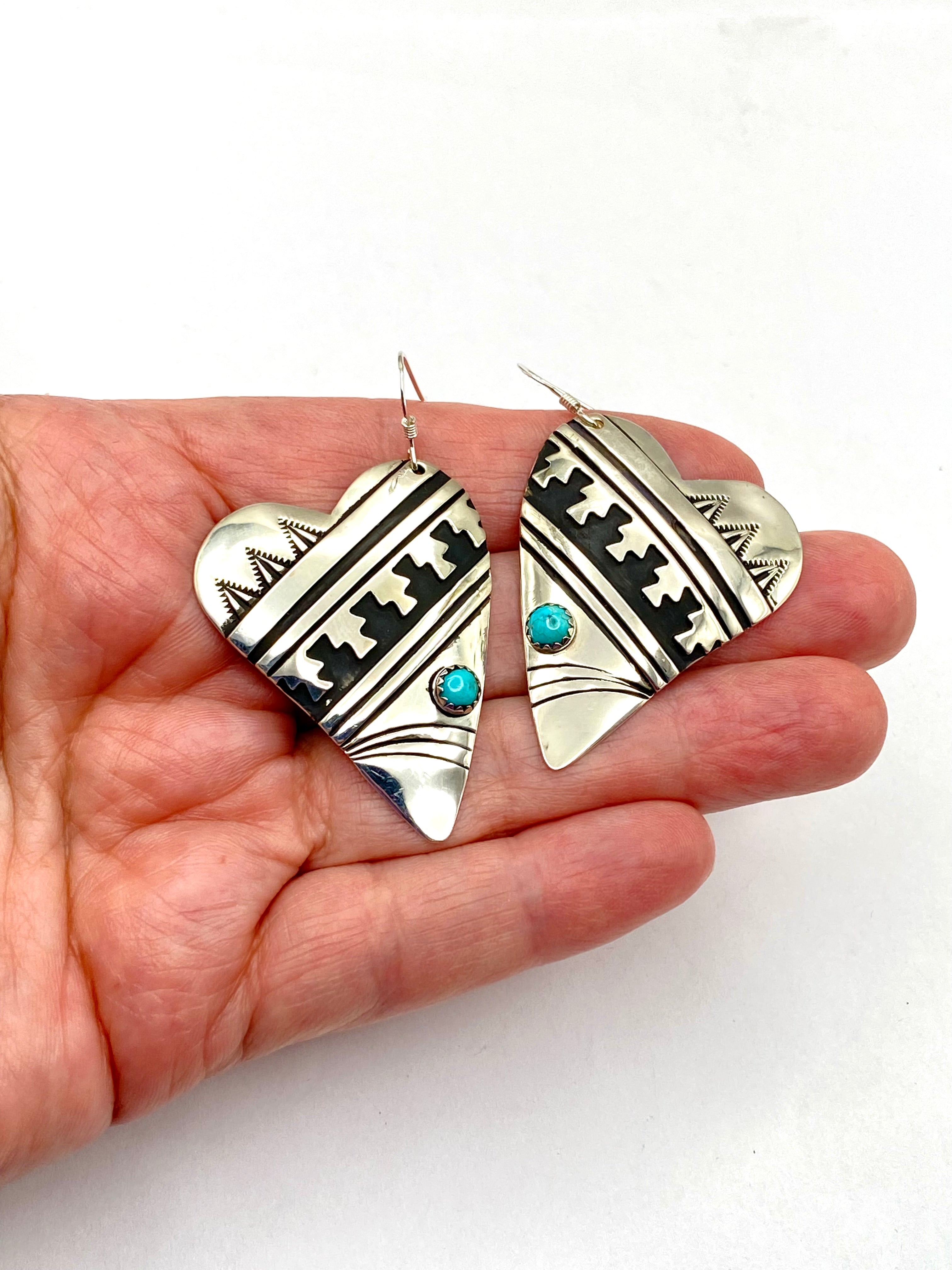 Sterling Overlay Heart Shaped Earrings Snake Eye Turquoise T&R Singer Navajo