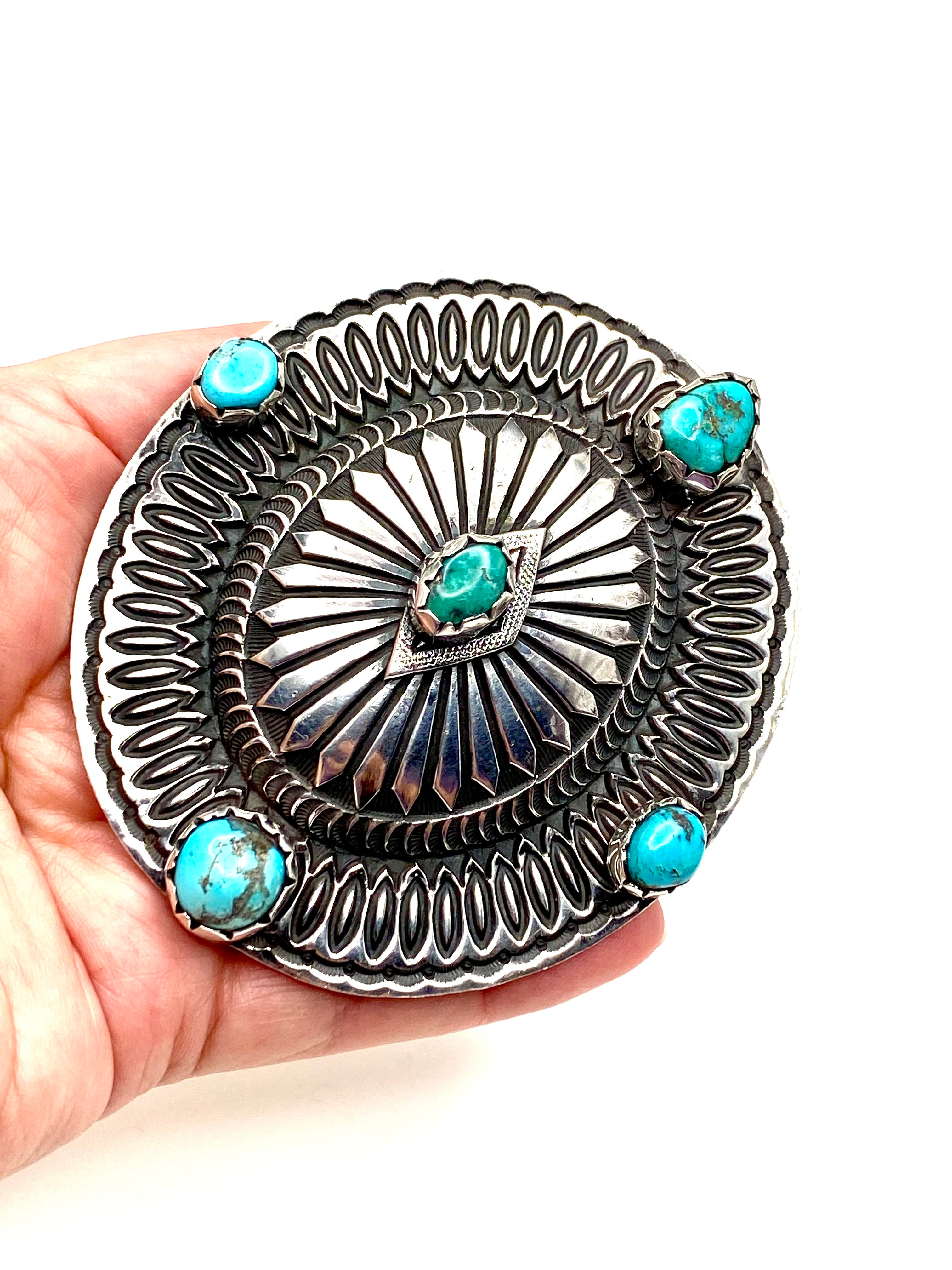 Heavy Gage Sterling Silver Oval Belt Buckle Turquoise Rick Martinez Navajo