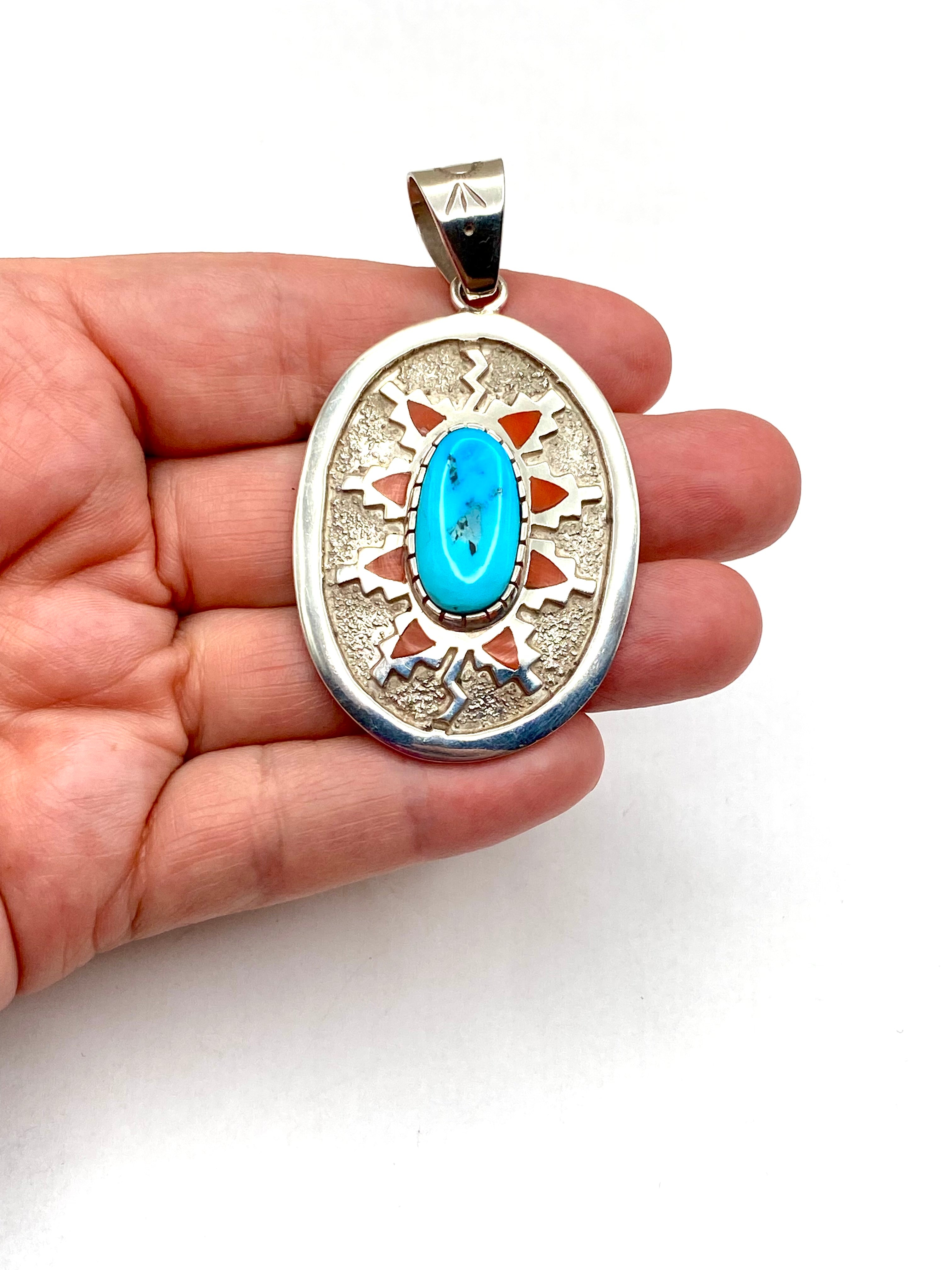 Sterling Oval Tufa Cast Pendant Turquoise Inlay Coral Michael Perry Navajo
