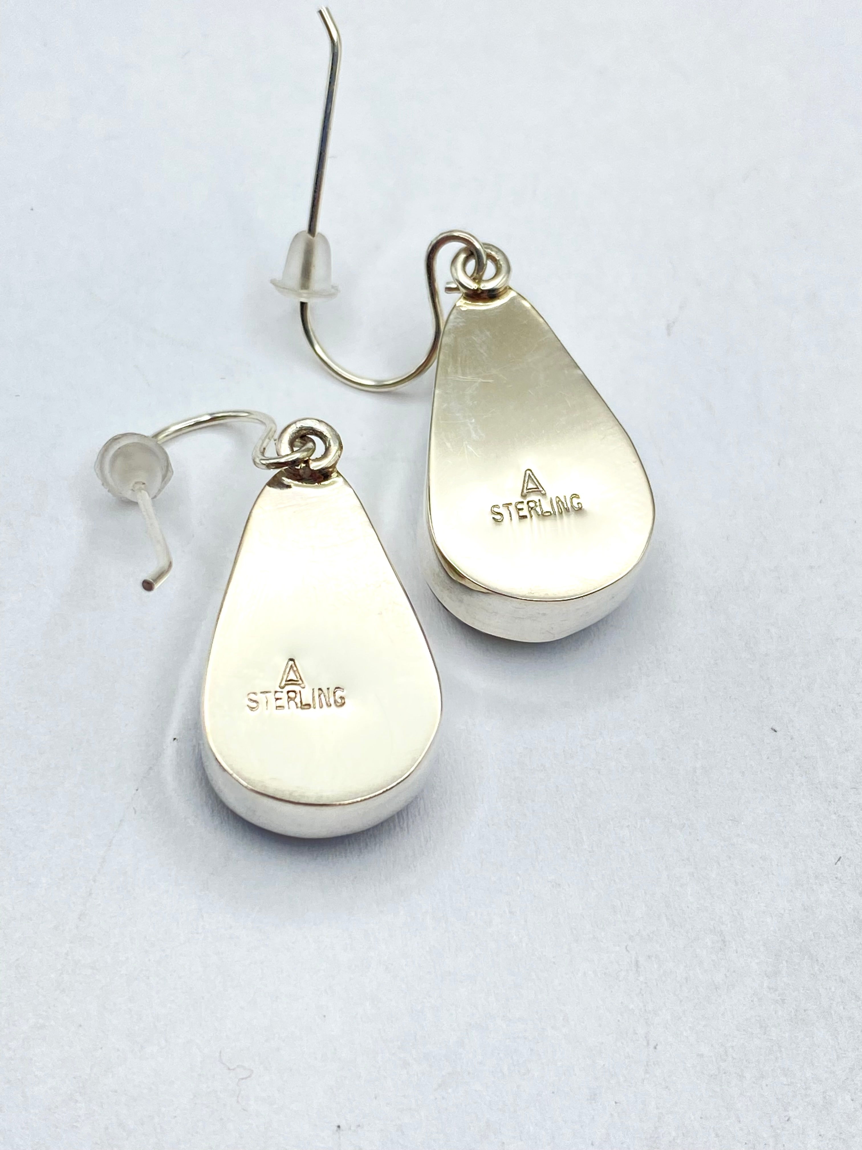 Teardrop White Buffalo Hook Earrings Sterling Dangles Native American Signed