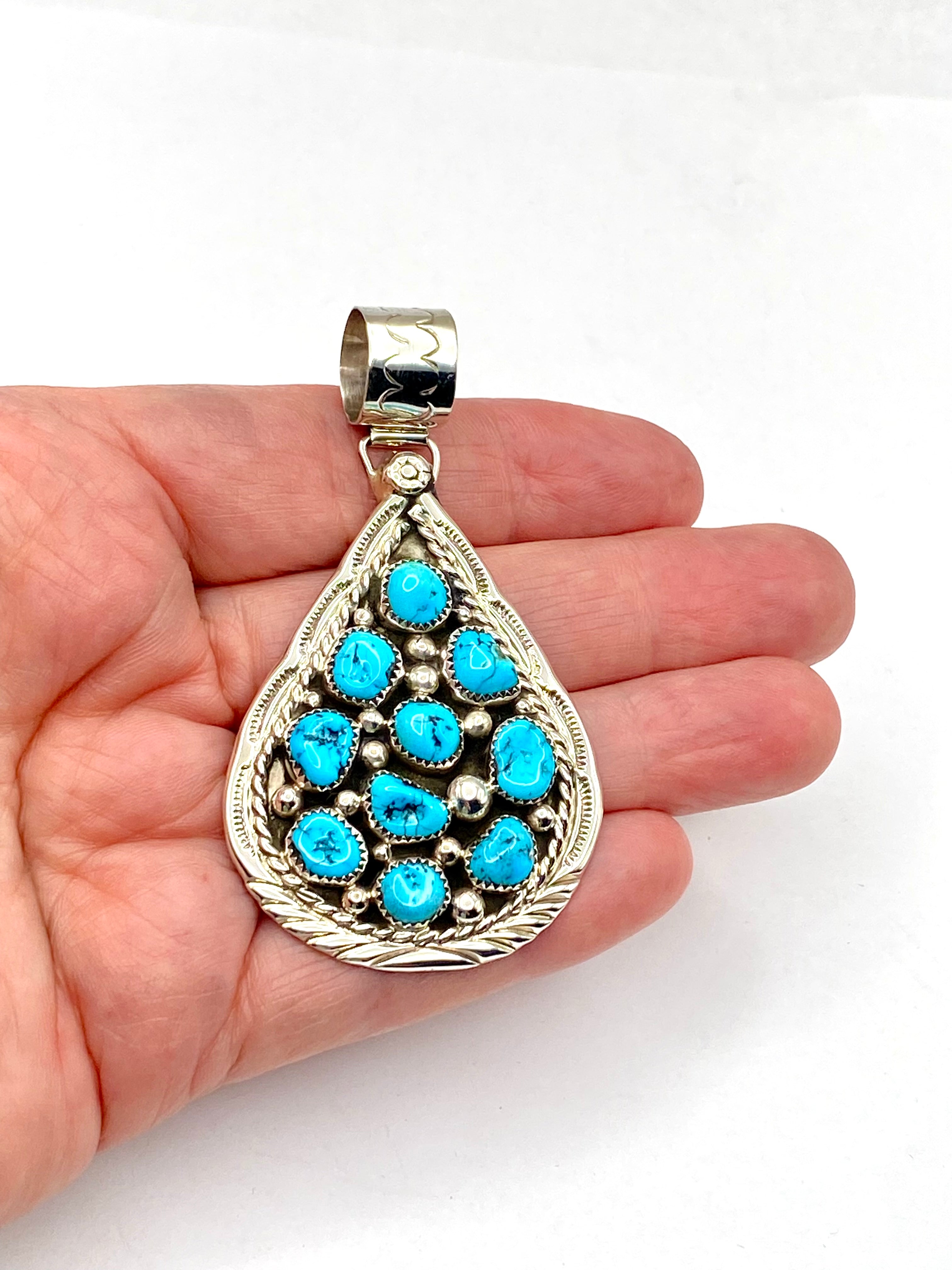 Sterling Teardrop Cluster Pendant Kingman Turquoise Cluster D. Begay Navajo