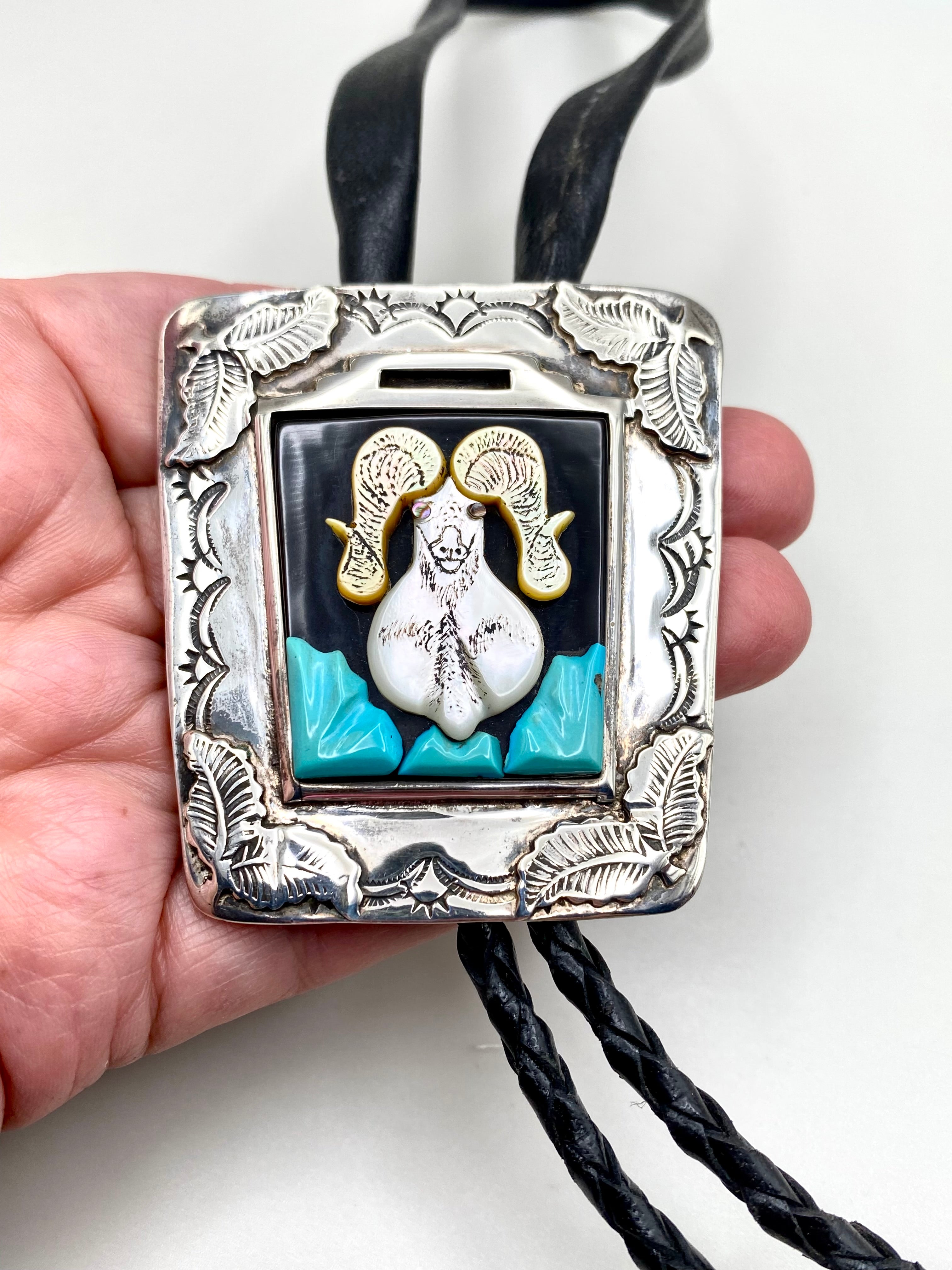VTG Bighorn Sheep Inlay Bolo Tie Heavy Gauge Sterling 3D Turquoise J. Quam Zuni