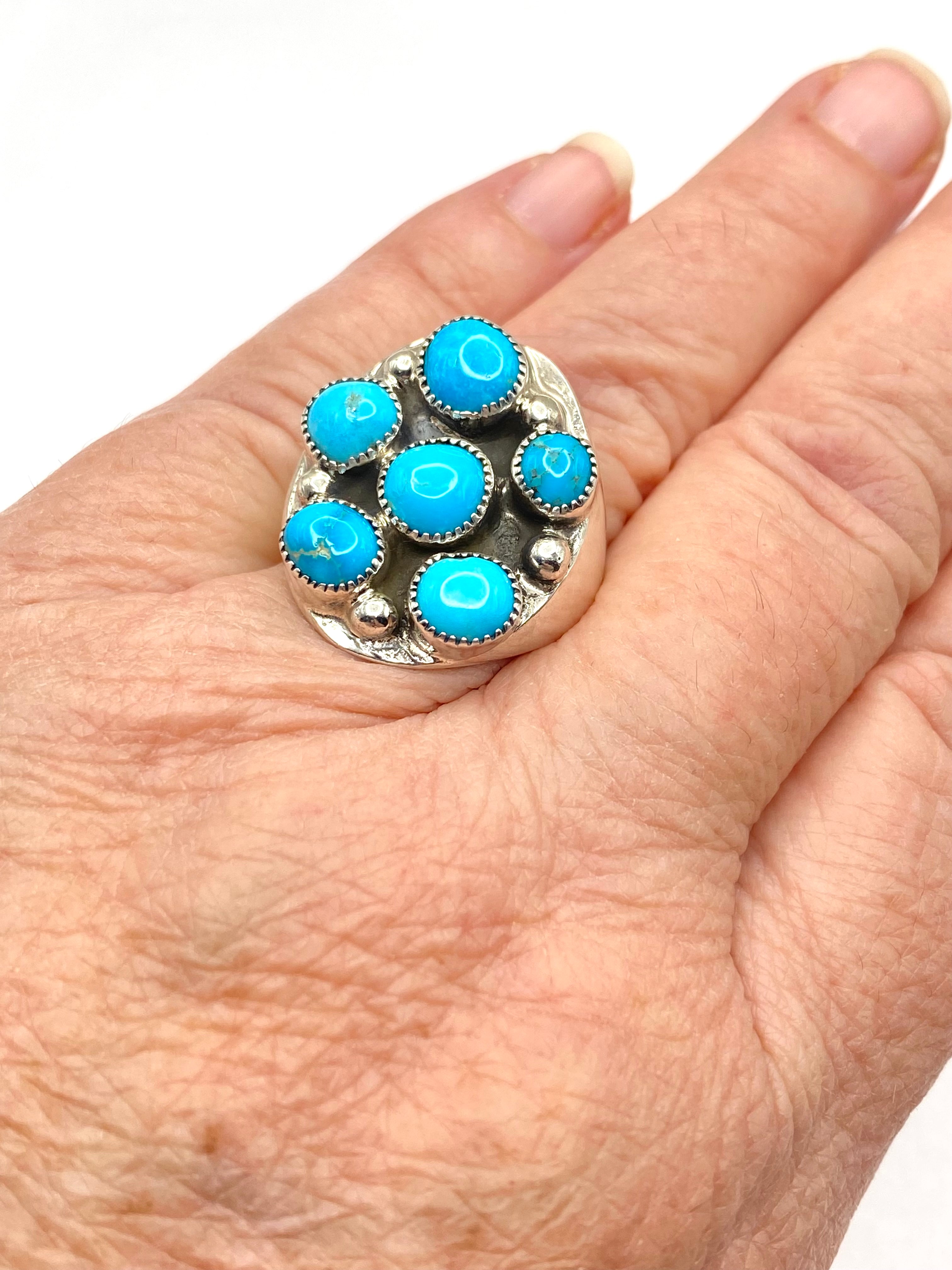 Sterling Heavy Gauge Turquoise Cluster Ring Size 10 Flared Band Native American