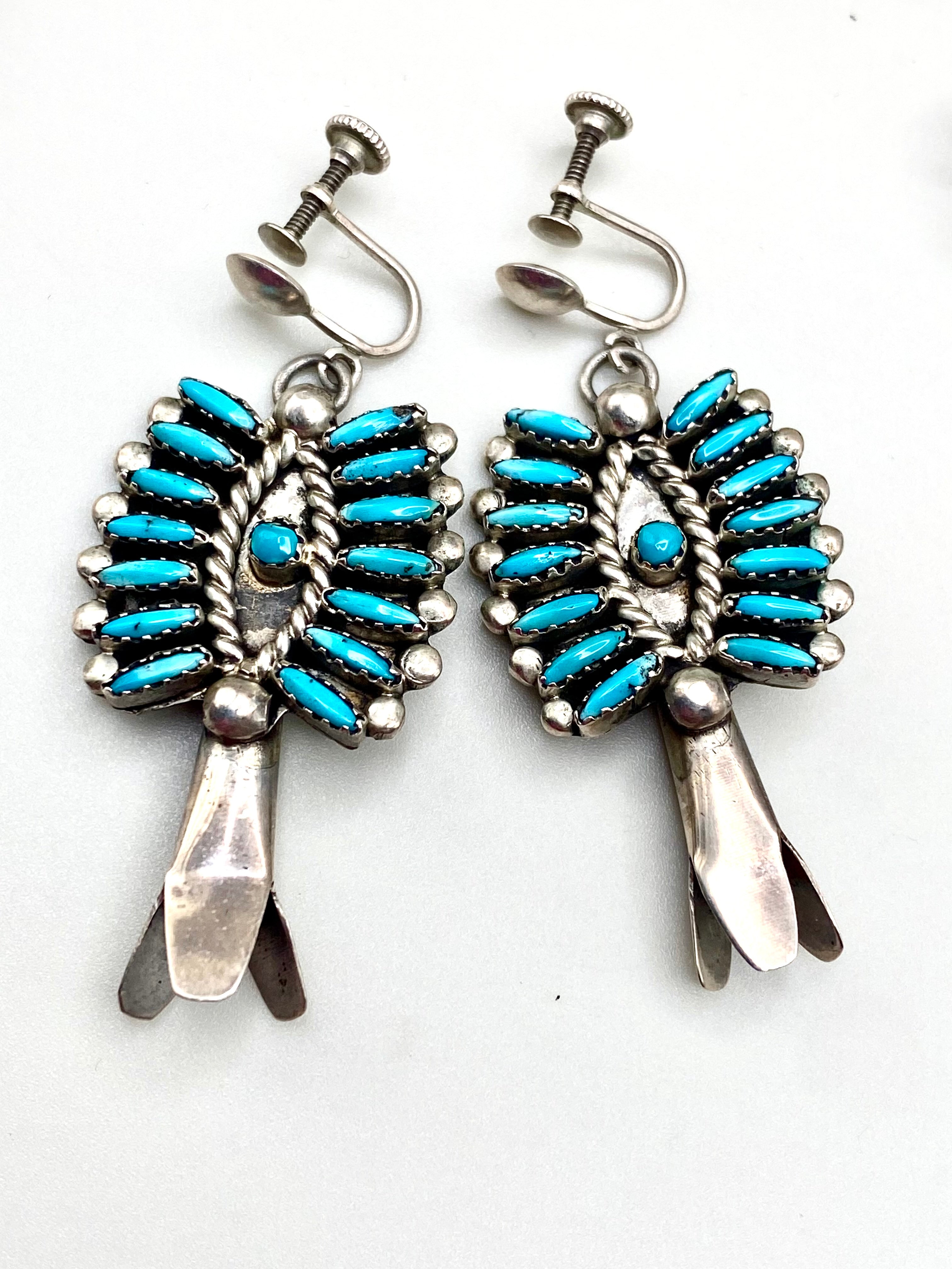 VTG Zuni Needlepoint Turquoise Squash Blossom Necklace Earring Set c. 1960s