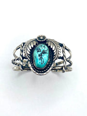 VTG Sterling Turquoise Bracelet 3-Rail Leaf Flower Applique Native American