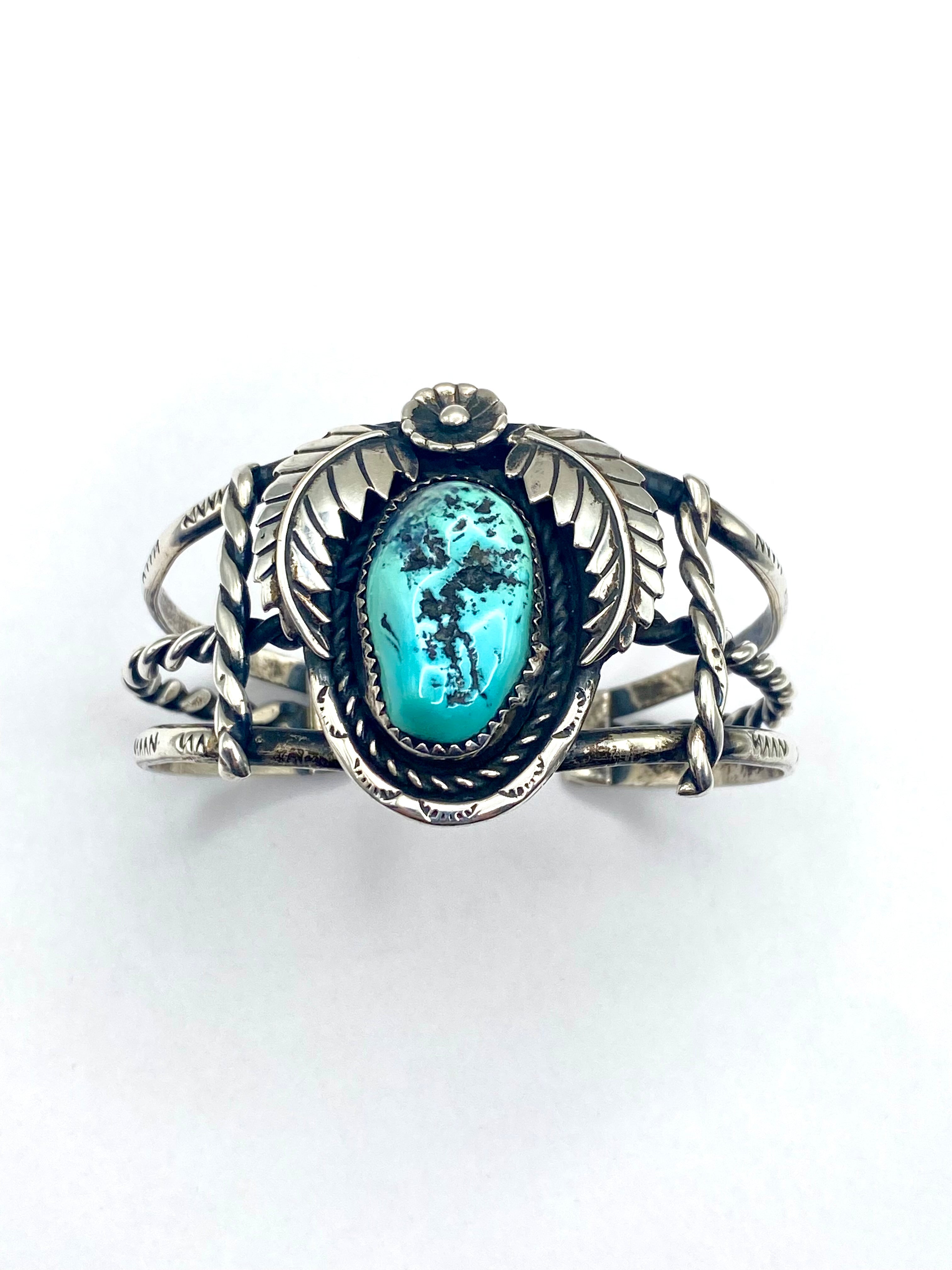 VTG Sterling Turquoise Bracelet 3-Rail Leaf Flower Applique Native American
