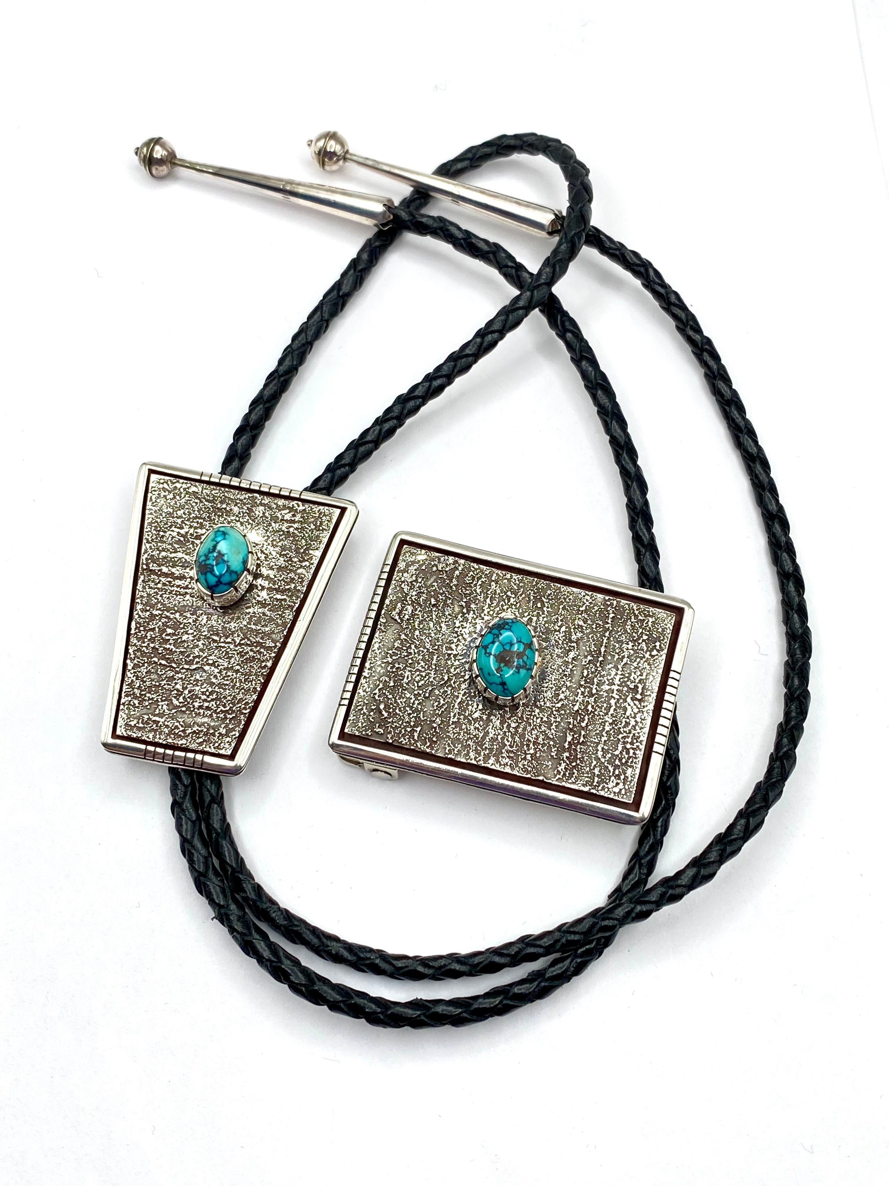 Vernon Begaye Sterling Tufa Cast Bolo Tie and Buckle Set Turquoise Navajo