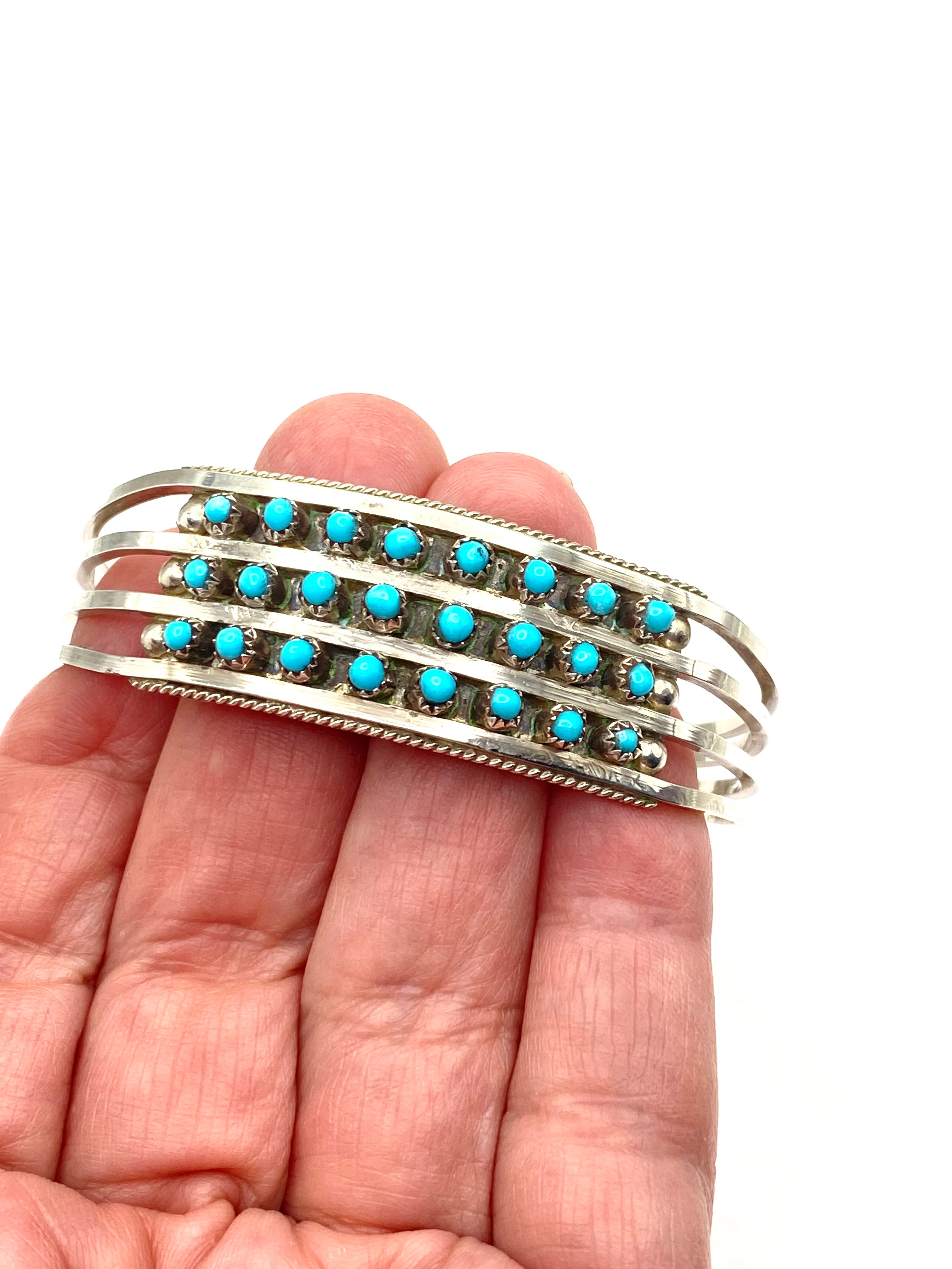 Sterling 4-Rail Bracelet Petite Turquoise 3-Row Zuni Native American Signed