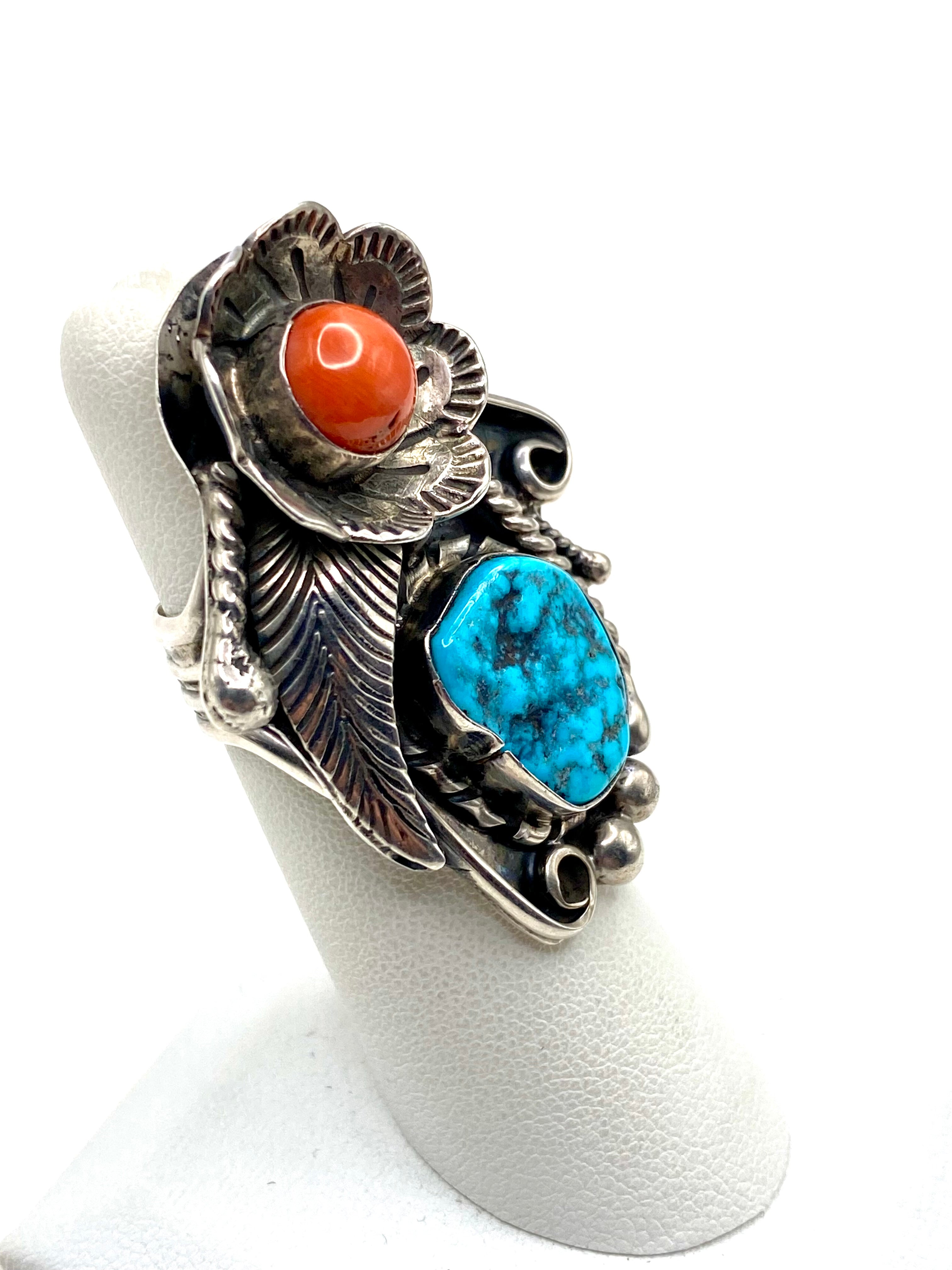 VTG Large Sterling Turquoise Coral Ring Size 6 Wide Shank Native American