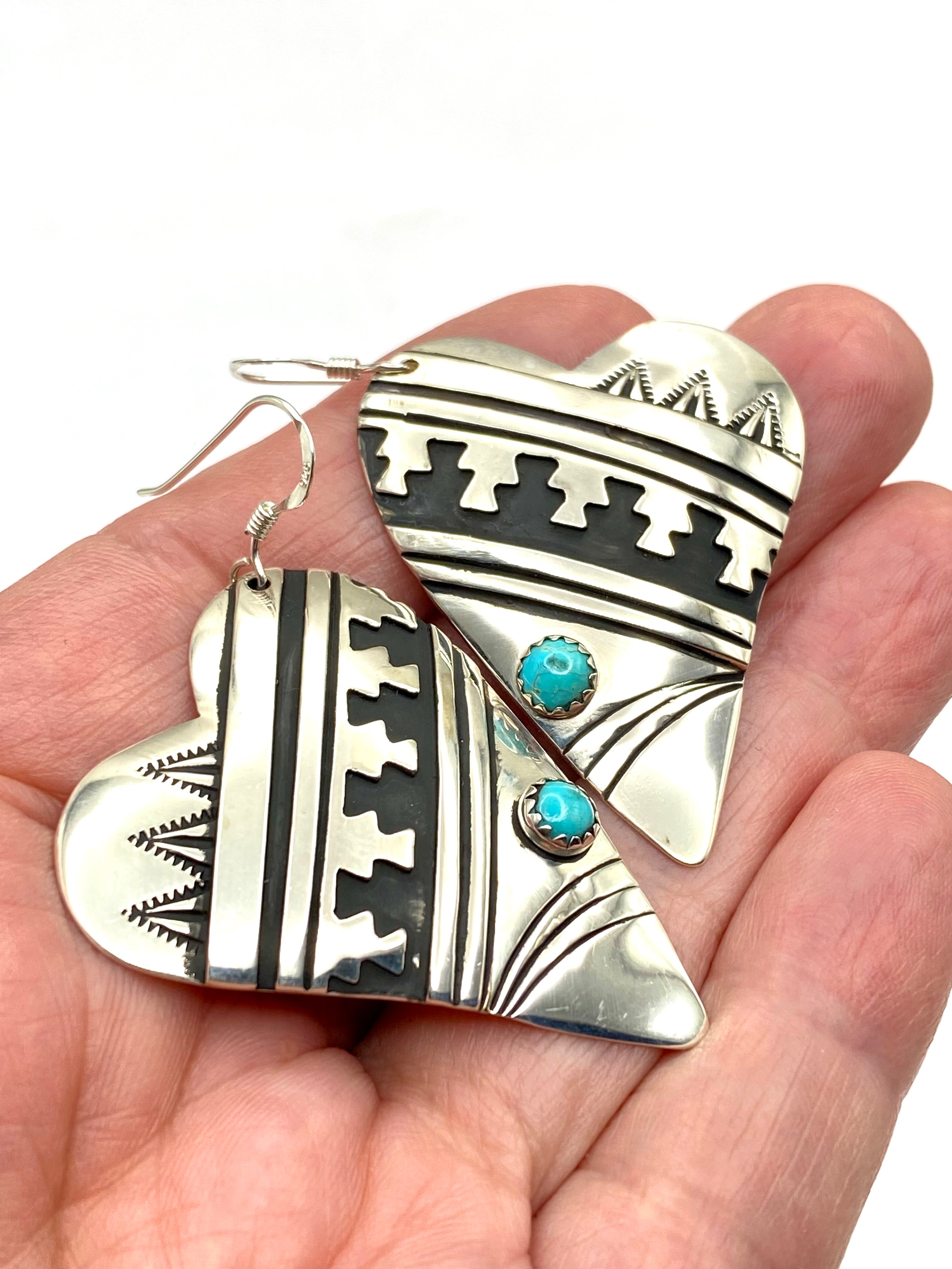 Sterling Overlay Heart Shaped Earrings Snake Eye Turquoise T&R Singer Navajo