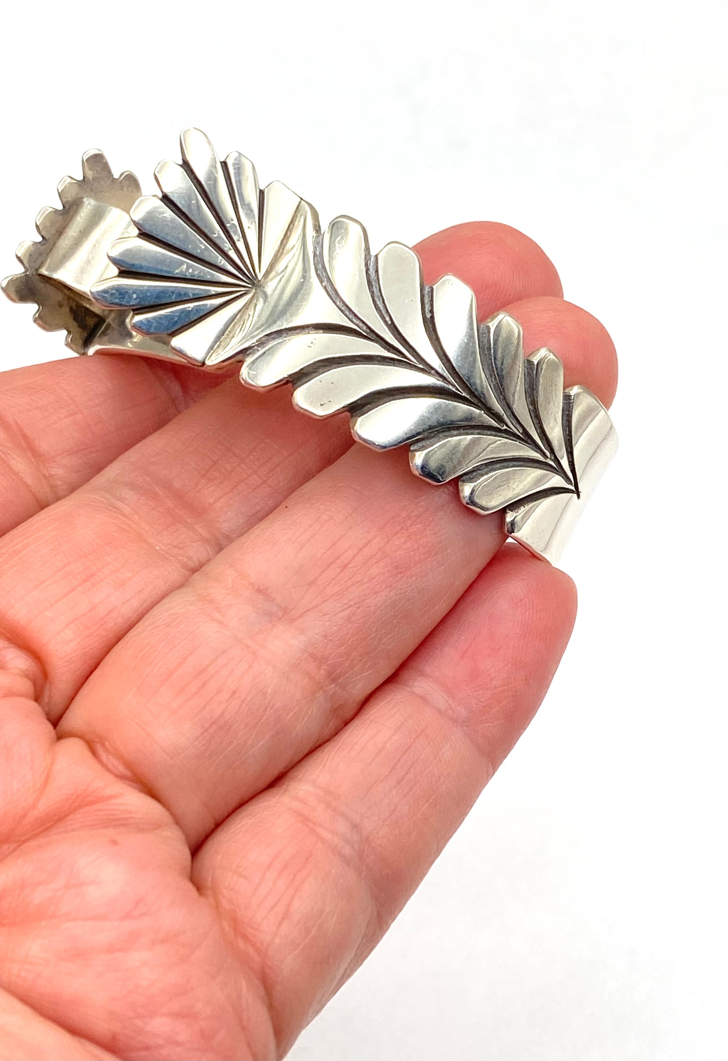 VTG Sterling Silver Cuff Watch Band Leaf Fan Stamp Work Navajo Steve Yellowhorse