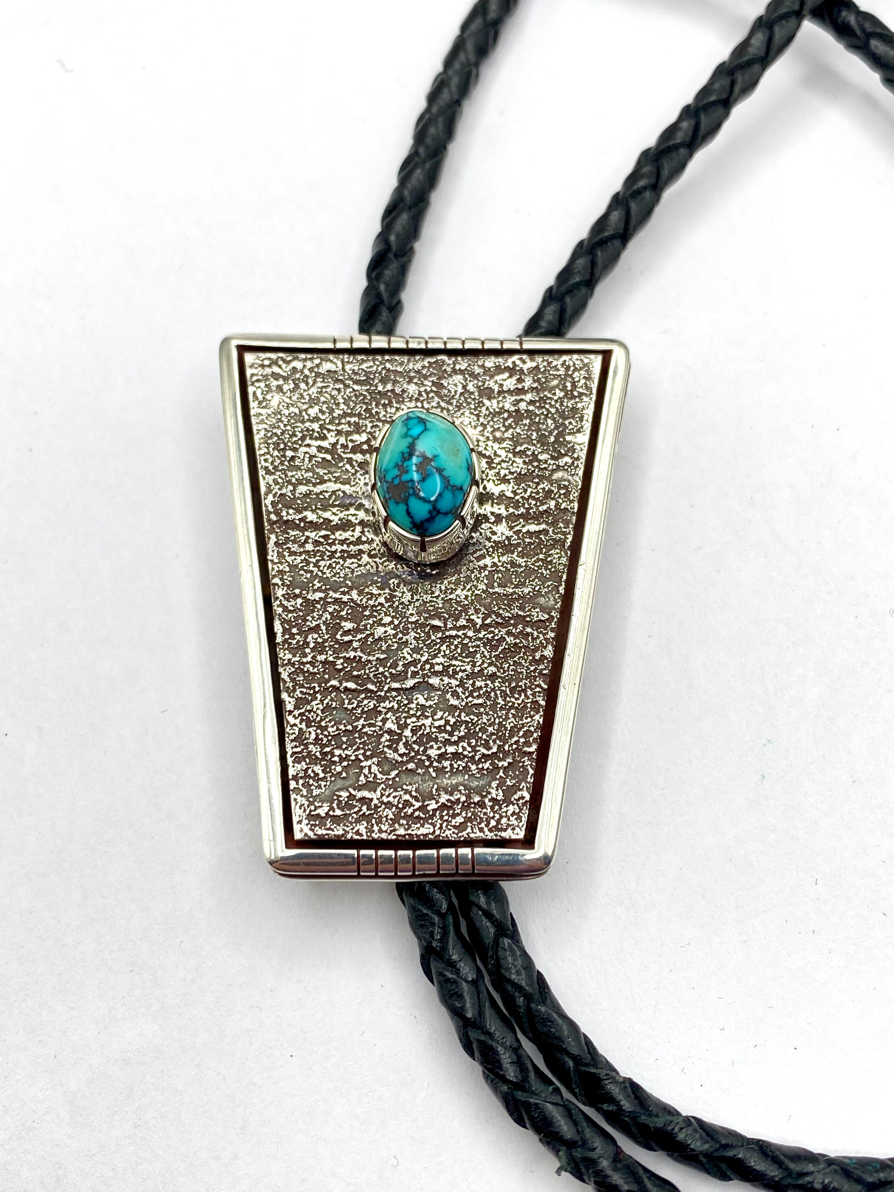 Sterling Silver Tufa Cast Bolo Tie Turquoise Heavy Gage Navajo Vernon Begaye