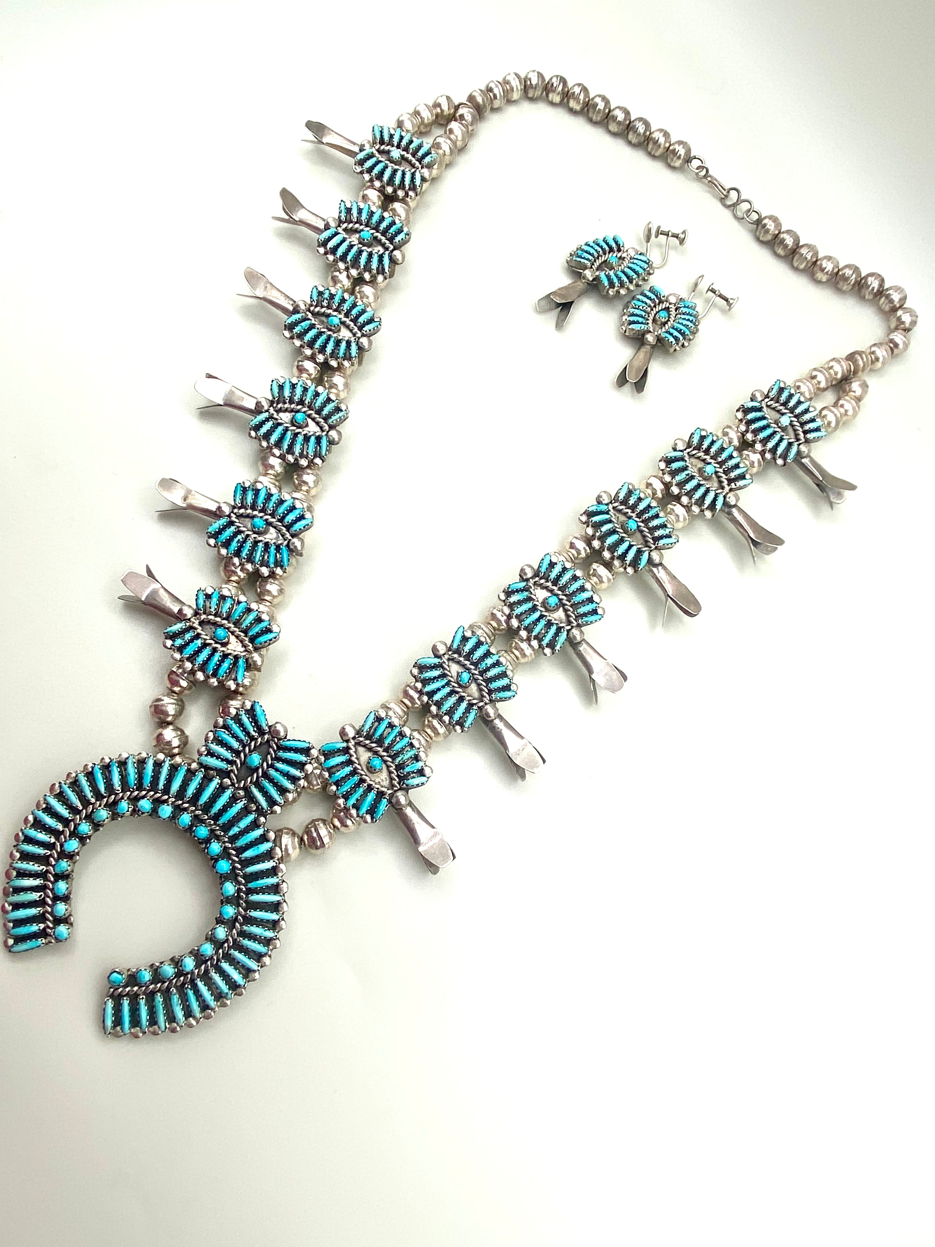 VTG Zuni Needlepoint Turquoise Squash Blossom Necklace Earring Set c. 1960s