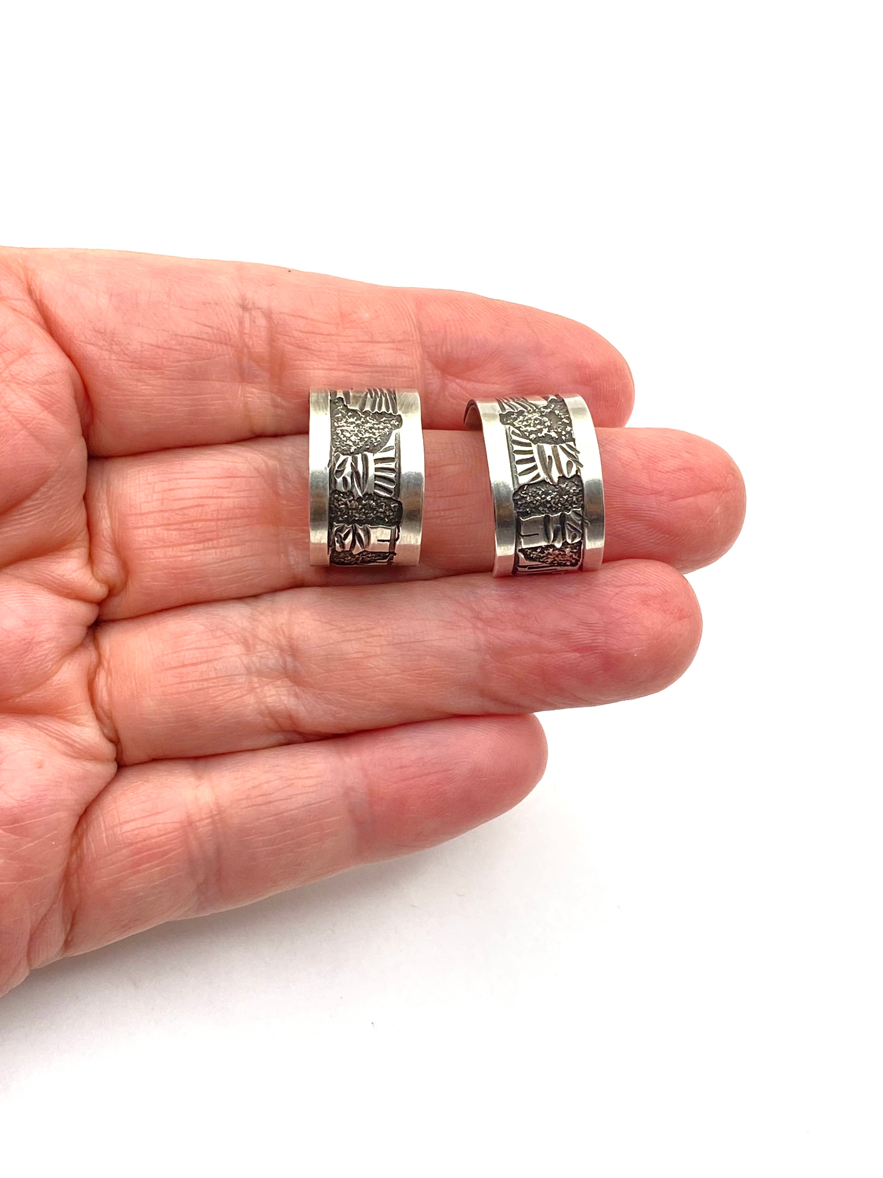 Sterling Silver Wide Hoop Earrings Story Teller Design Native American Signed