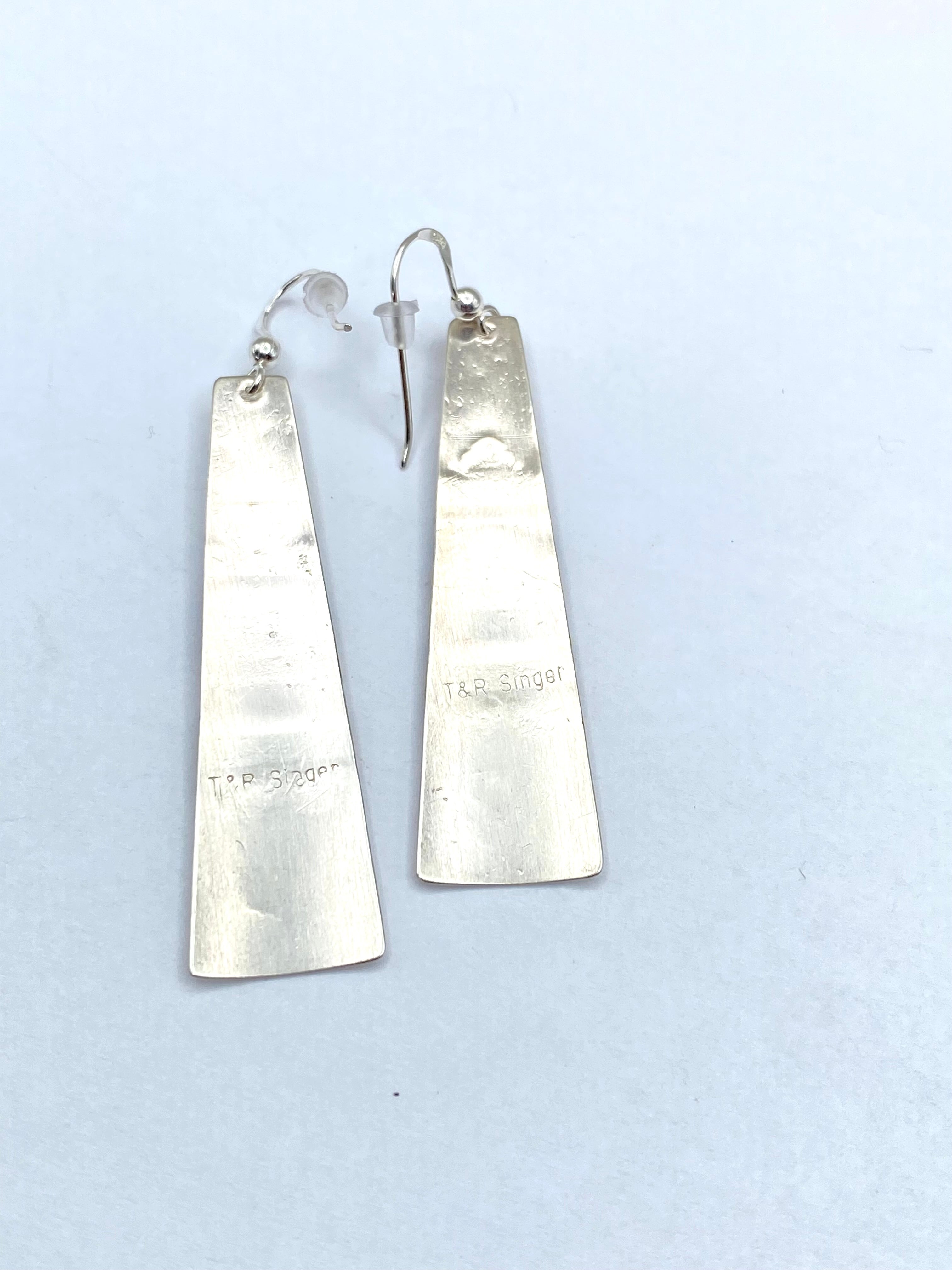 Sterling Turquoise Dot Earrings Long Triangle Overlay T&R Singer Navajo
