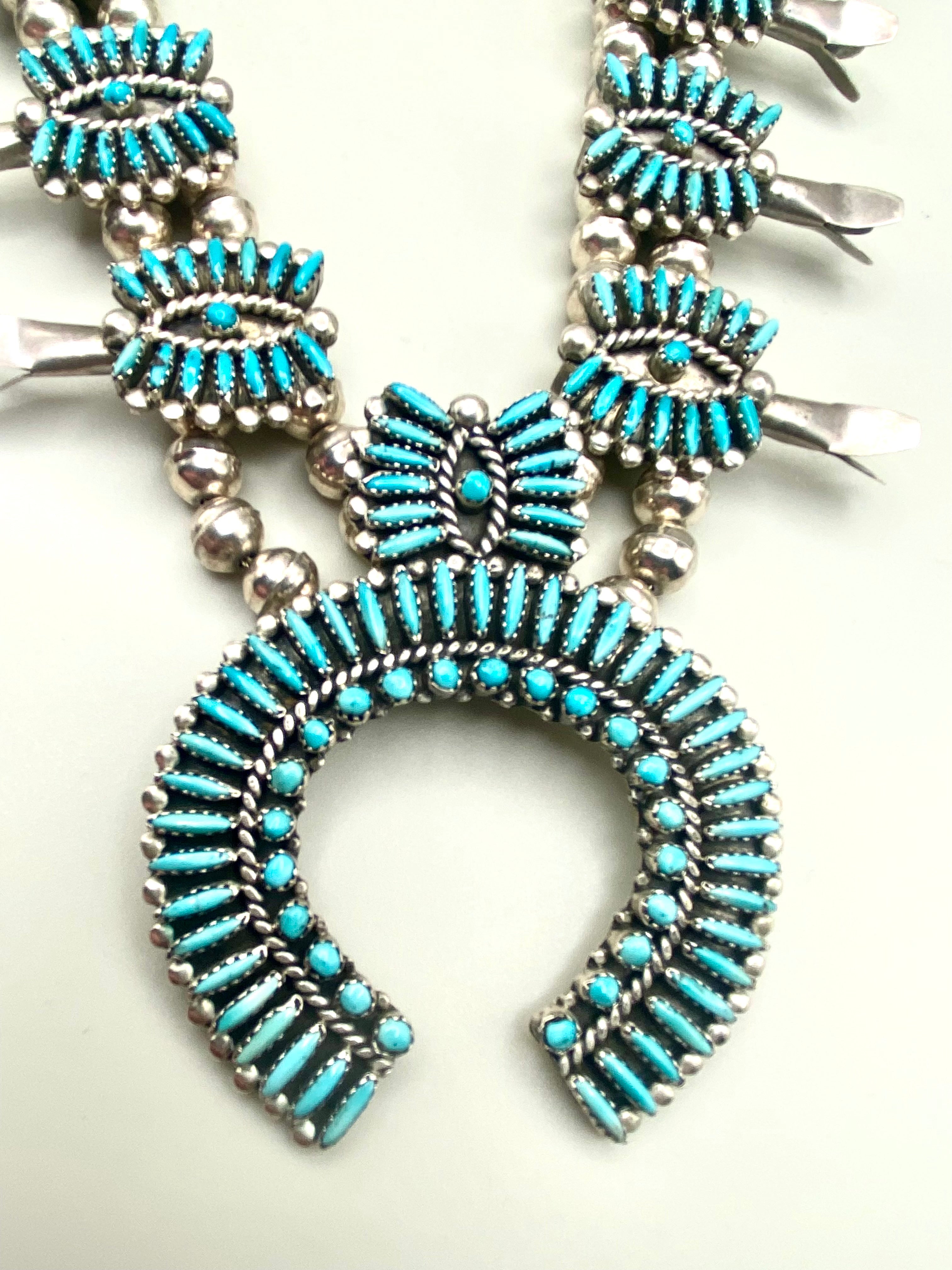 VTG Zuni Needlepoint Turquoise Squash Blossom Necklace Earring Set c. 1960s