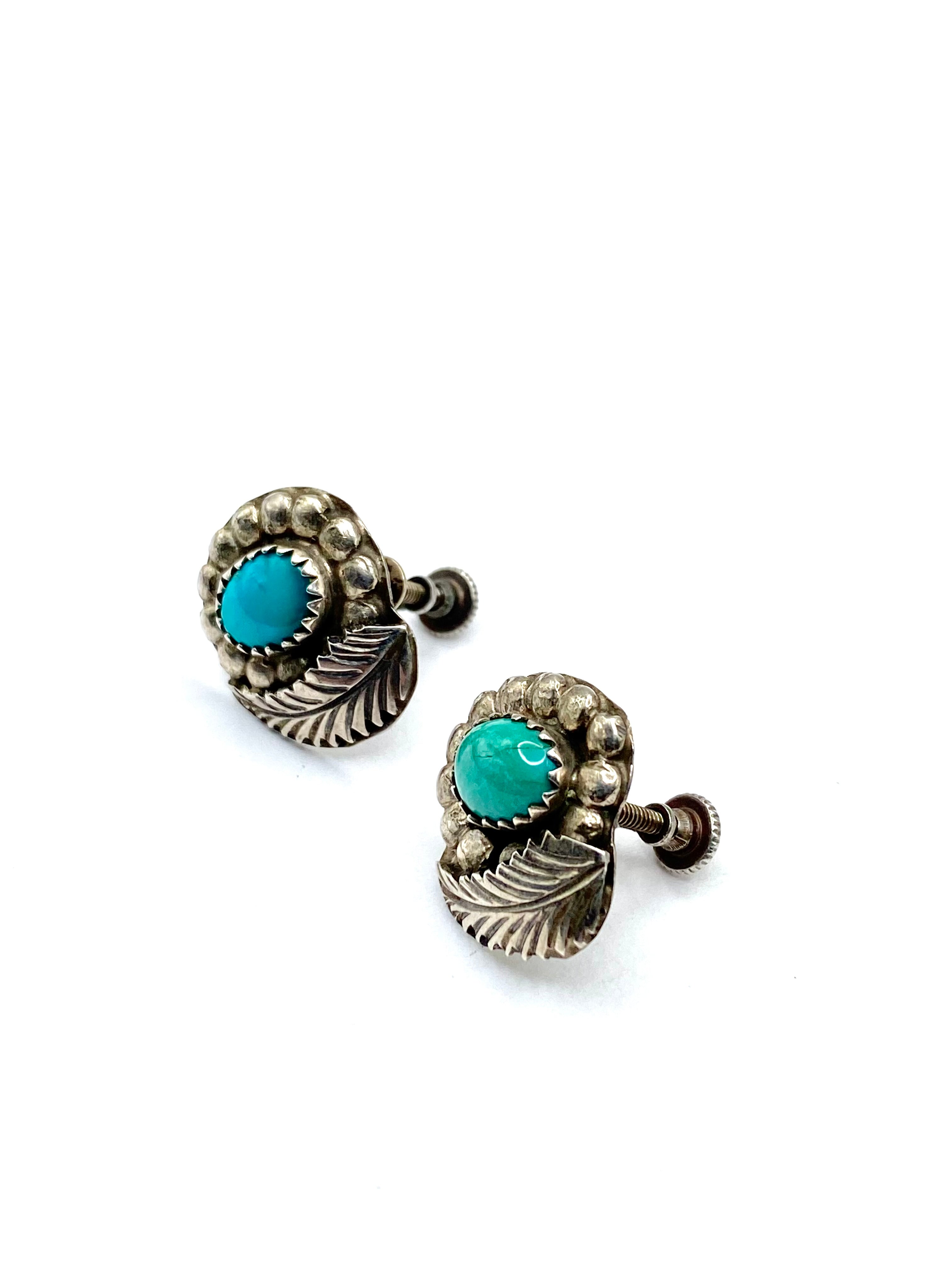 Vintage Petite Sterling Turquoise Screw Back Earrings Native American