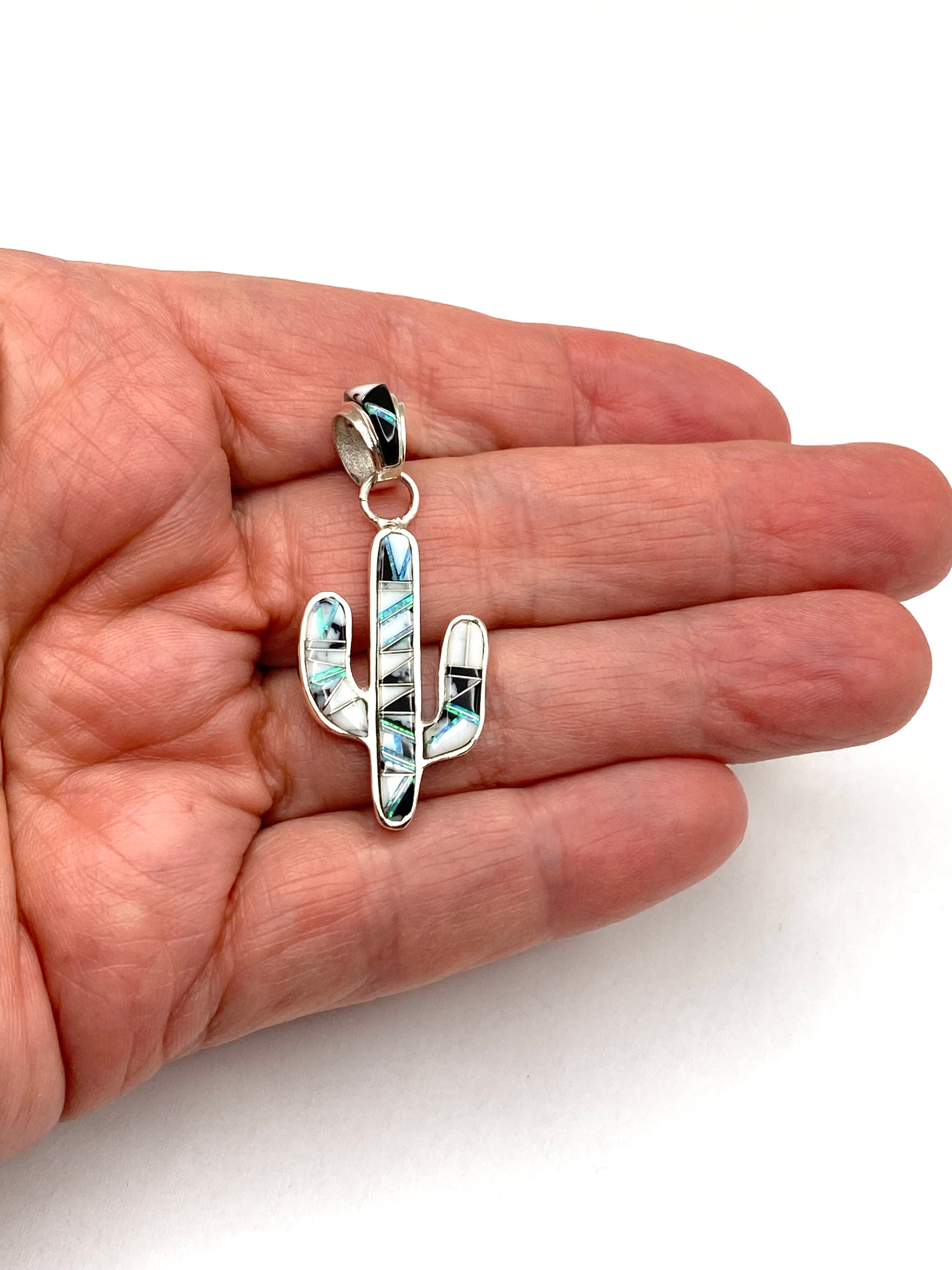 Petite Saguaro Pendant Sterling White Buffalo Opal Inlay Native American Signed