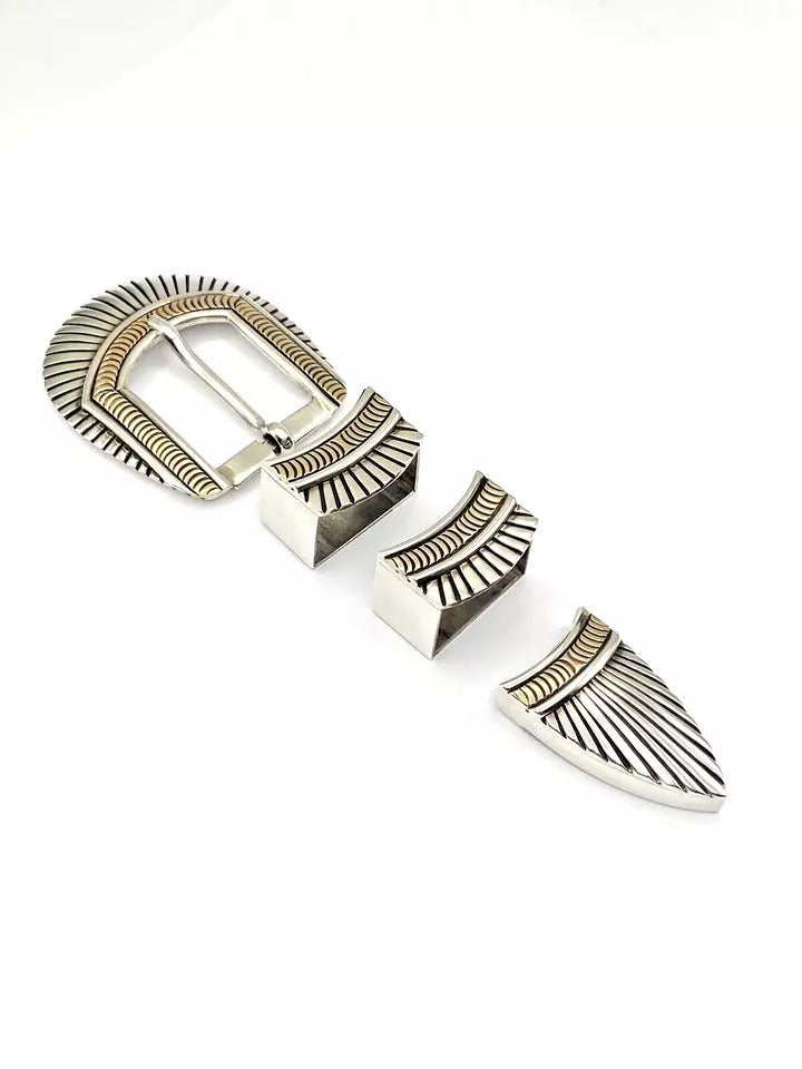 VTG Sterling 4-Piece Ranger Set Belt Buckle 14K Overlay Native American Signed
