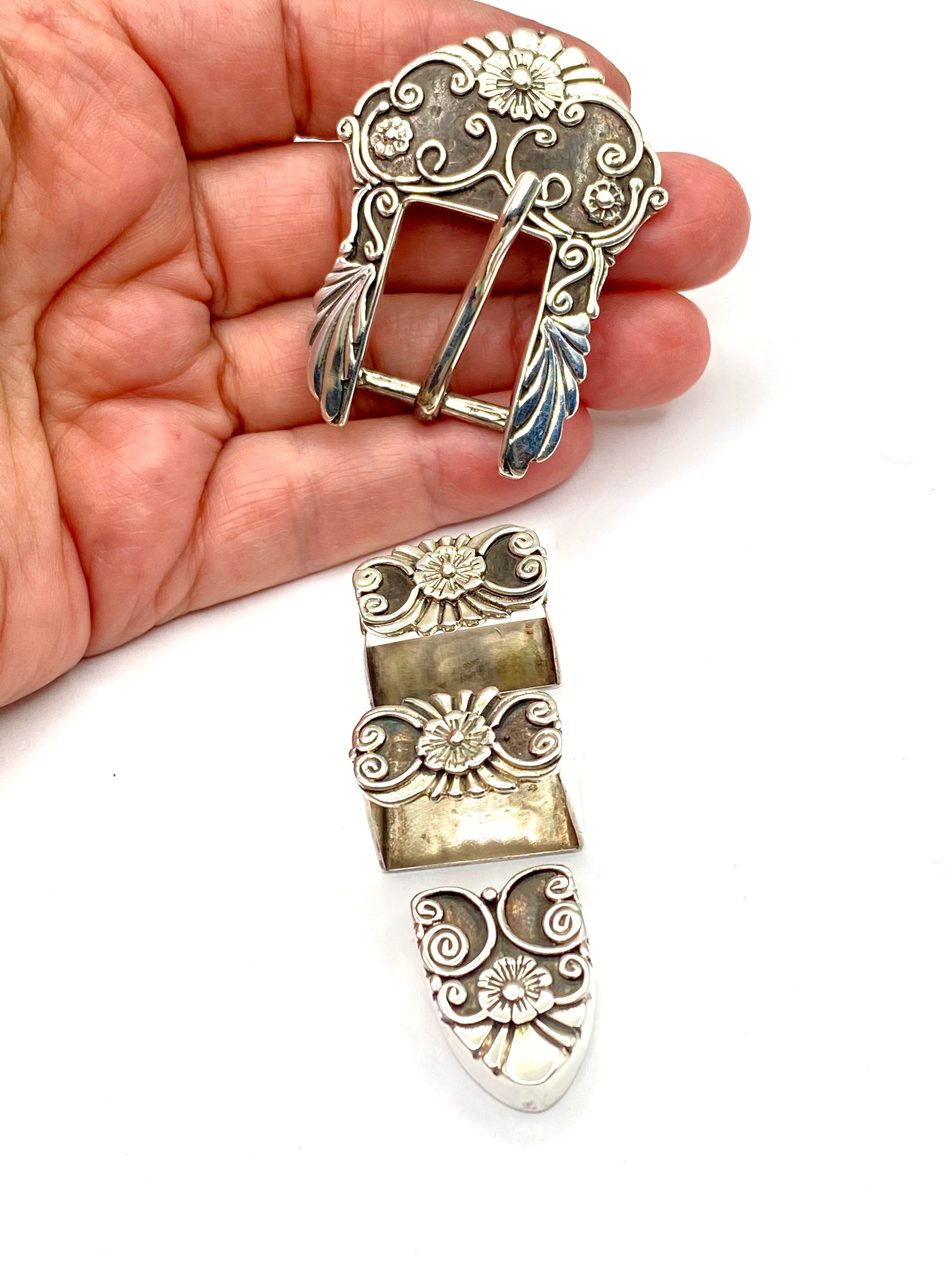 Vintage 4-piece Sterling Ranger Belt Buckle Set Heavy Gauge 5/8" Floral Signed