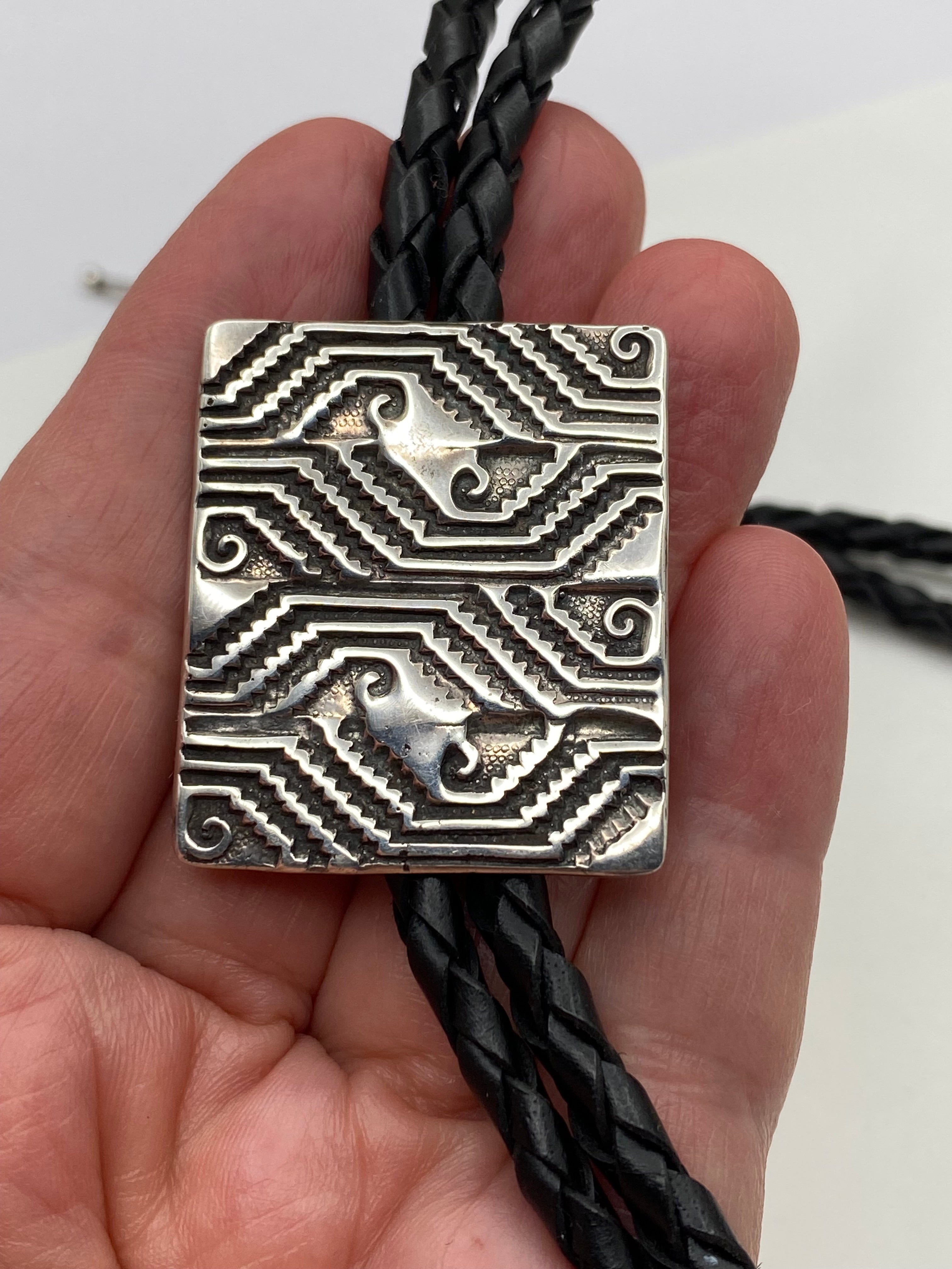 VTG Sterling Bolo Tie Rectangle Geometric Overlay  Rug Pattern Native American