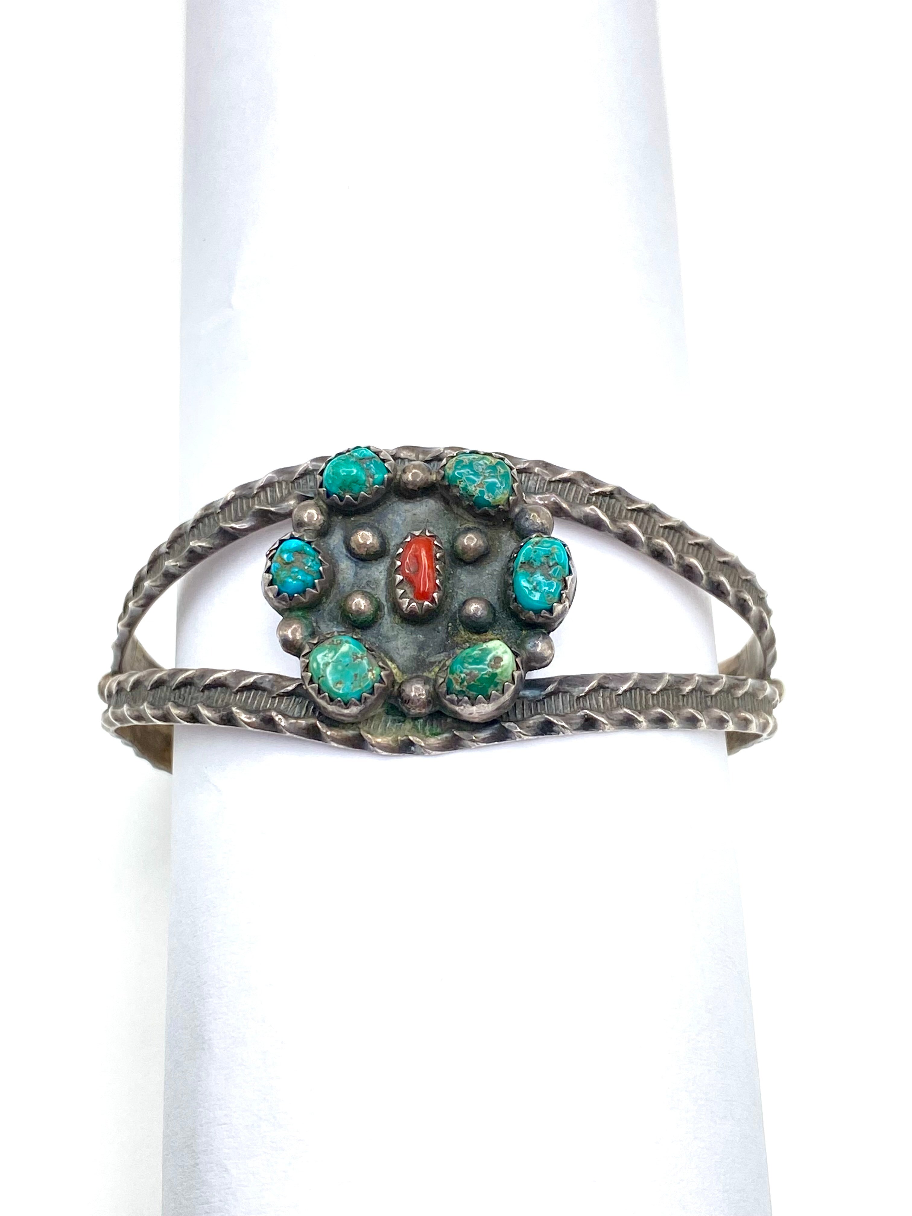 VTG Fred Harvey Style Silver Bracelet Turquoise Coral Petite Native American