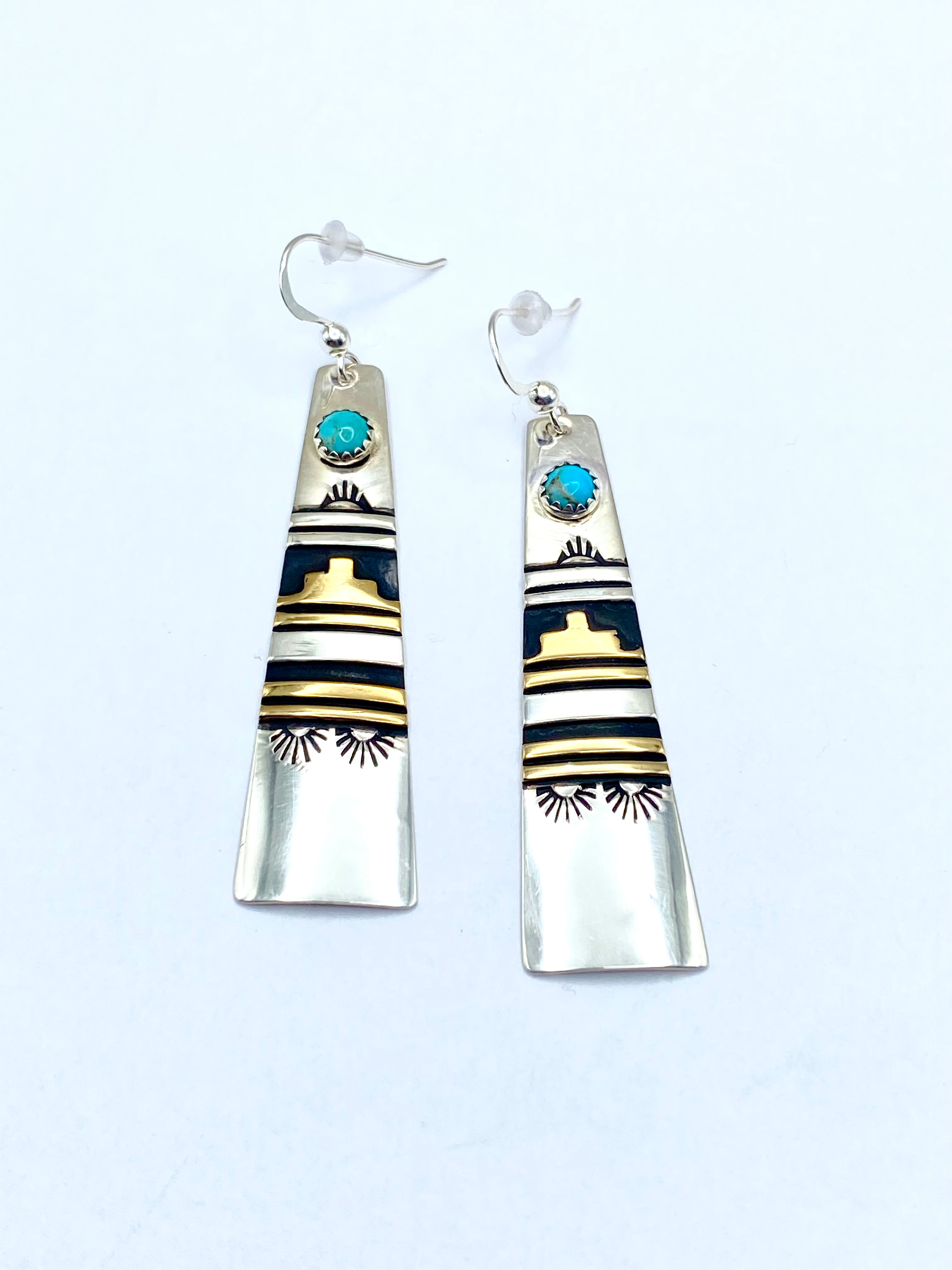 Sterling Turquoise Dot Earrings Long Triangle Overlay T&R Singer Navajo