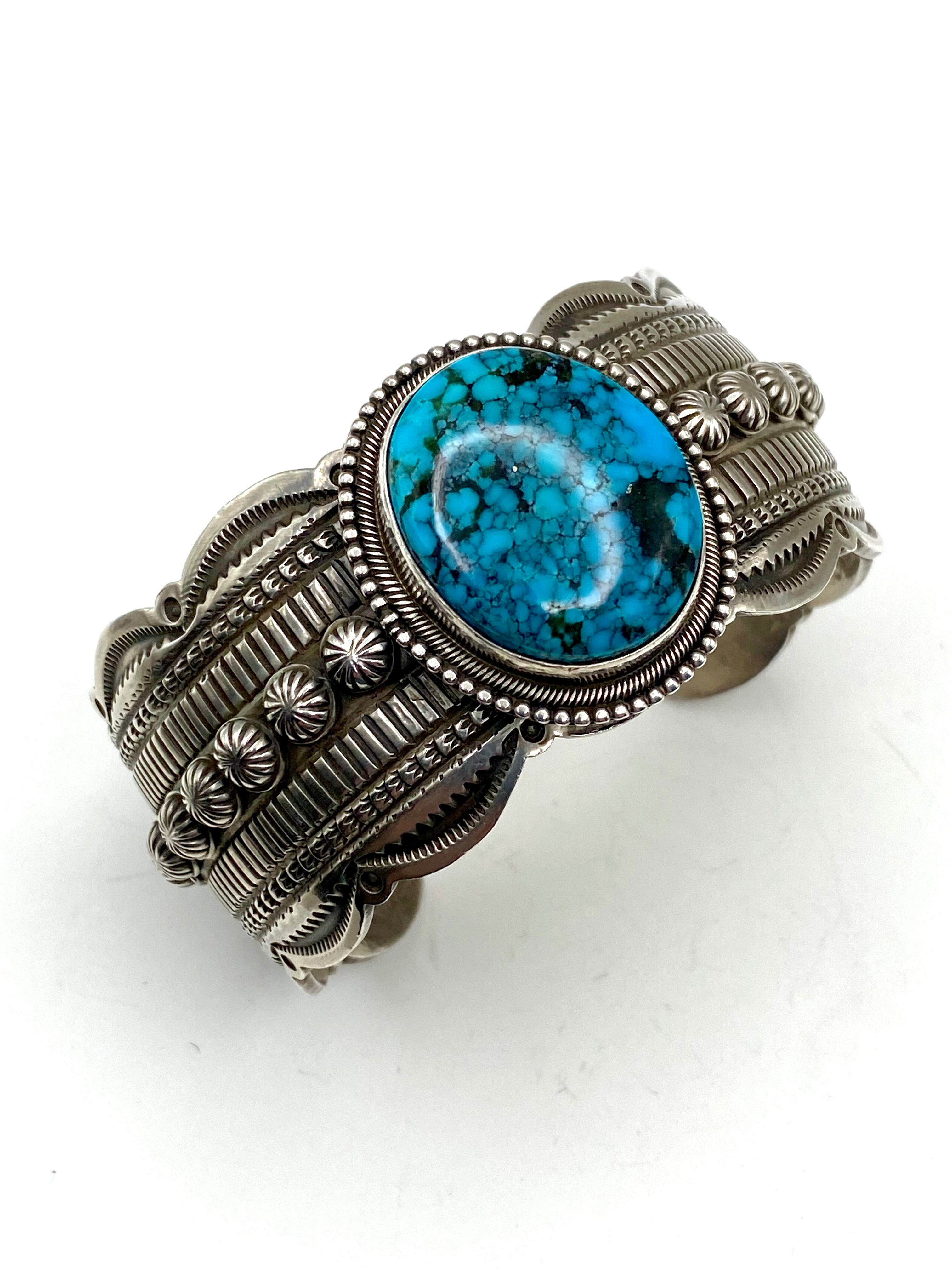Sterling Turquoise Bracelet Heavy Gage Stamp Work M&R Calladitto Navajo
