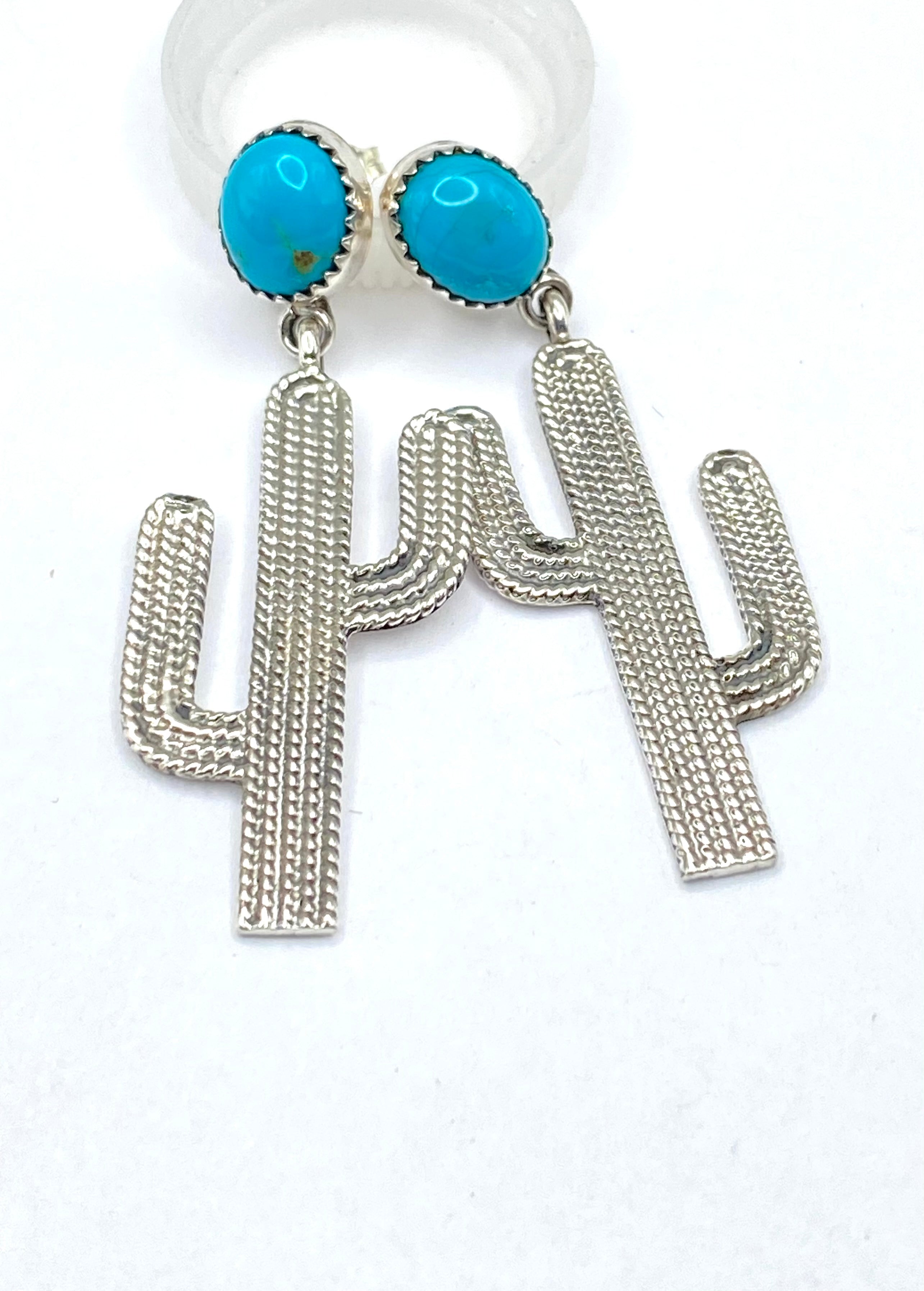 Sterling Saguaro Cactus Earrings Turquoise Textured Native American Signed
