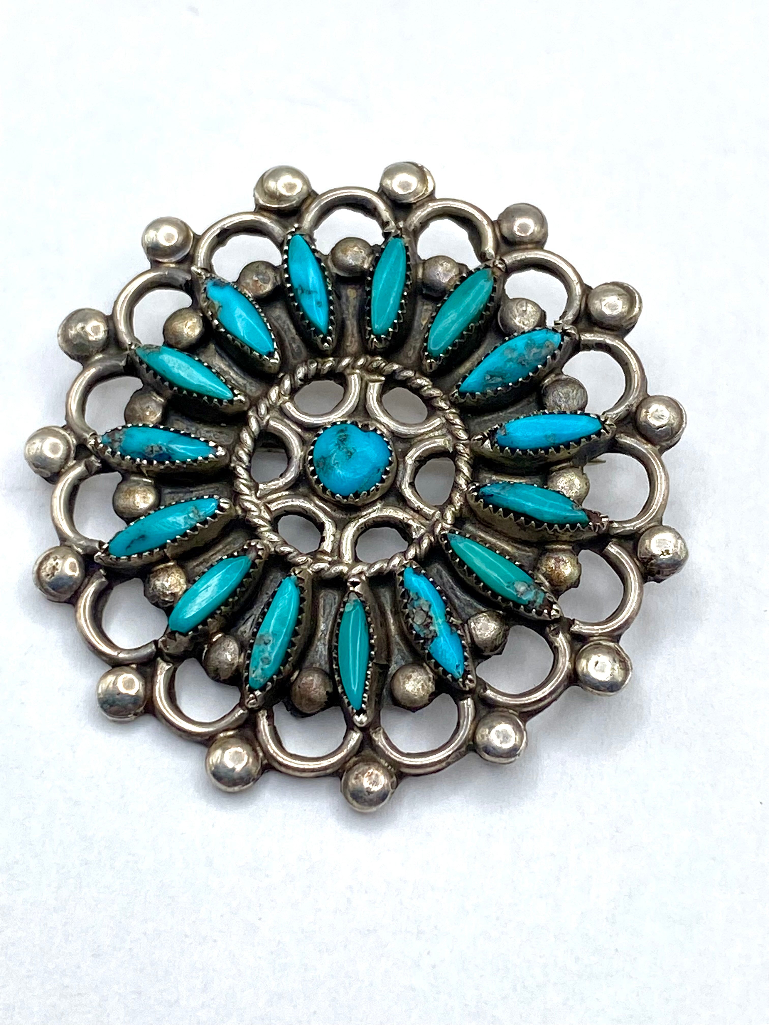 VTG Zuni Needlepoint Turquoise Silver Pin Brooch Native American ca. 1960s