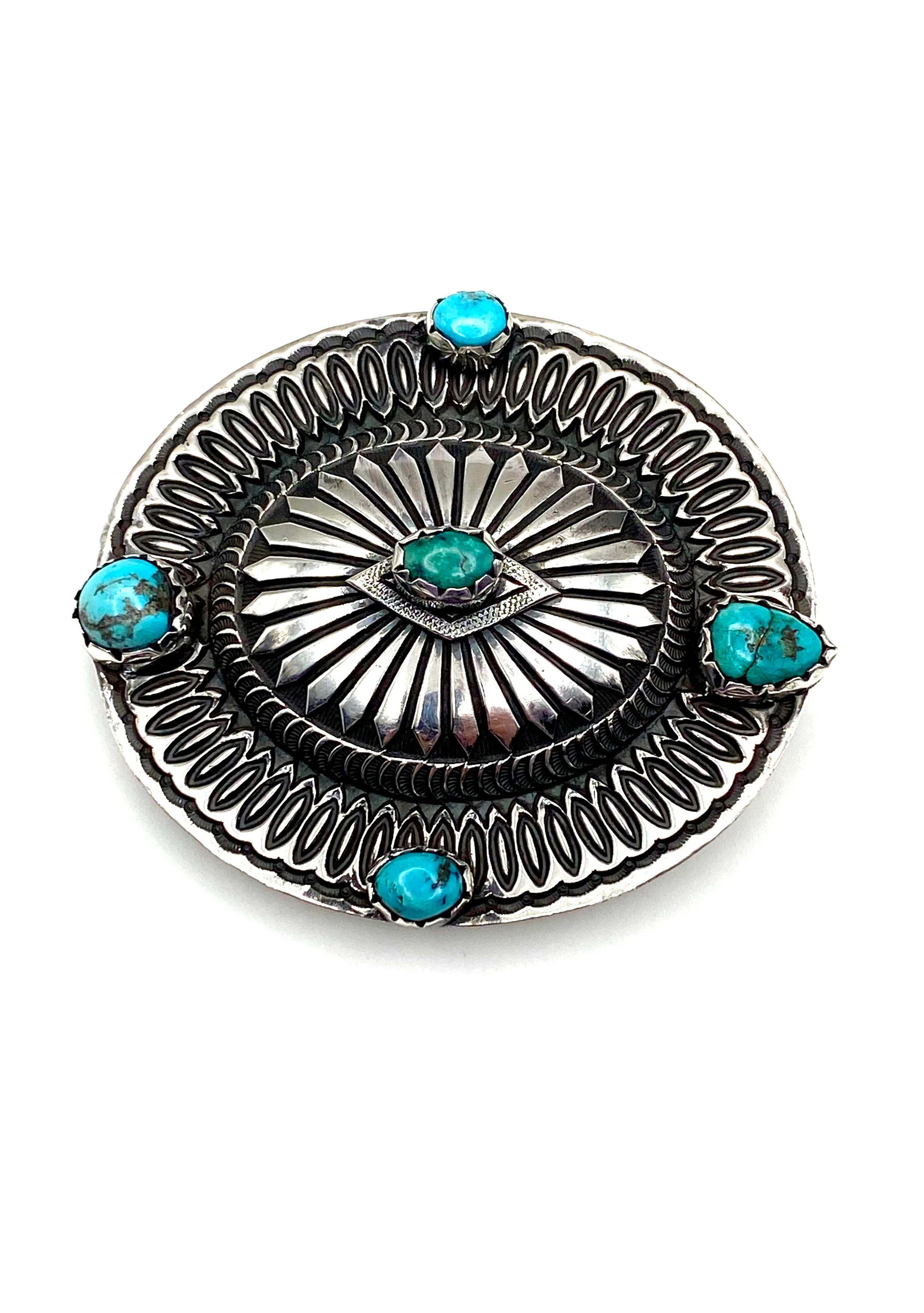 Heavy Gage Sterling Silver Oval Belt Buckle Turquoise Rick Martinez Navajo