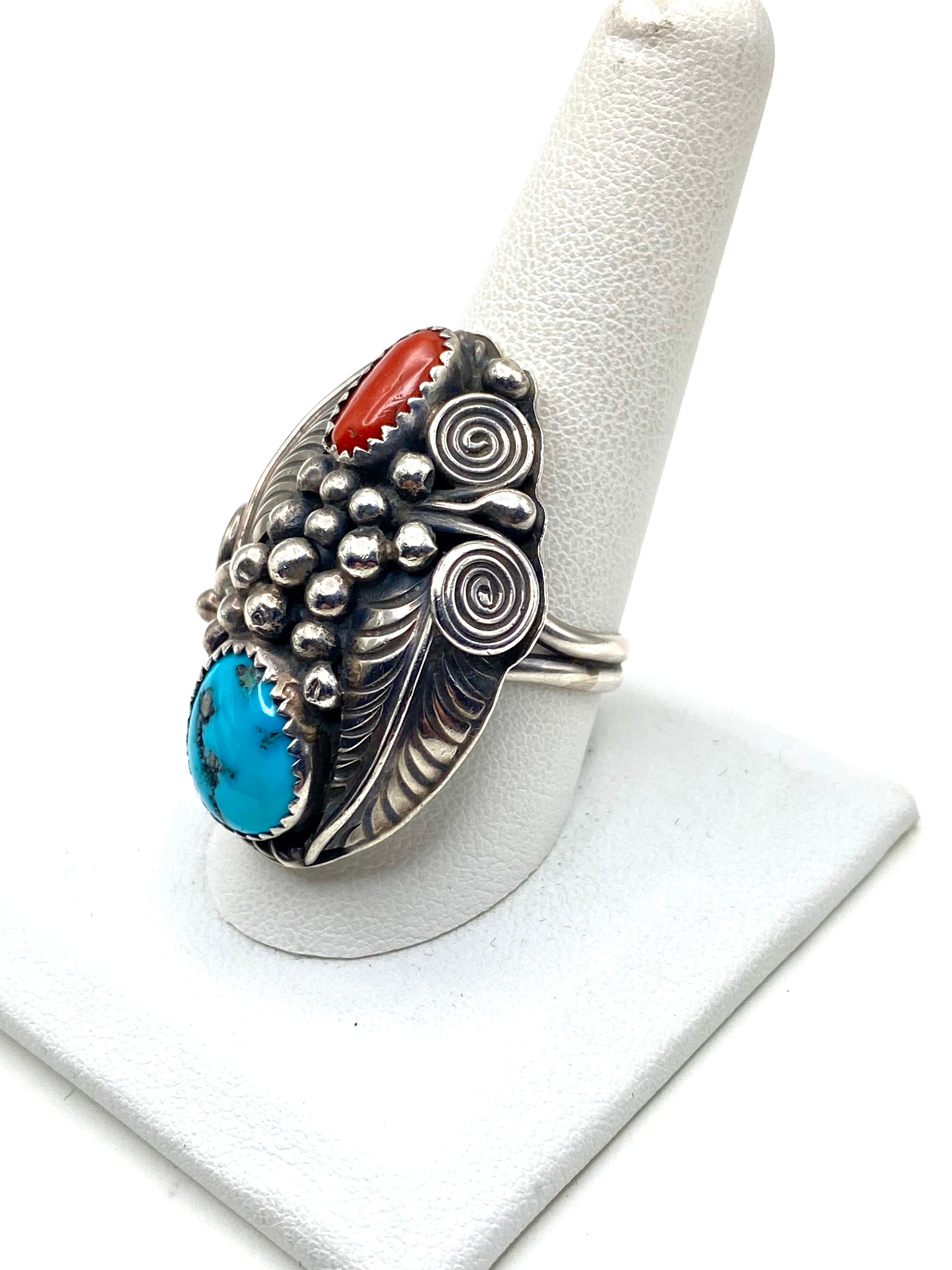 VTG Sterling Domed Hollow Ring Turquoise Coral Size 9.75 Native American Signed
