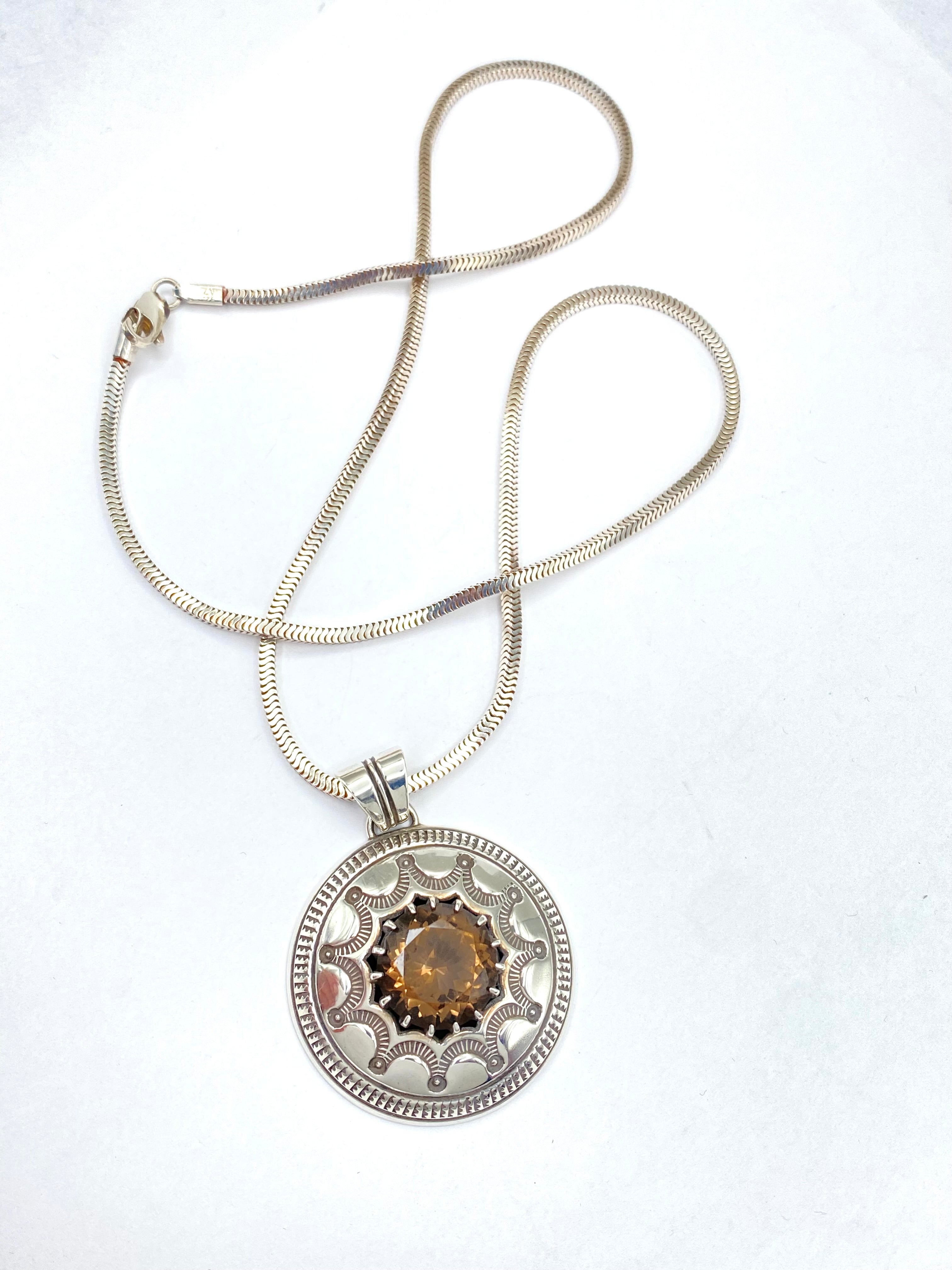 VTG Sterling Stamped Round Pendant Smoky Topaz Native American Signed