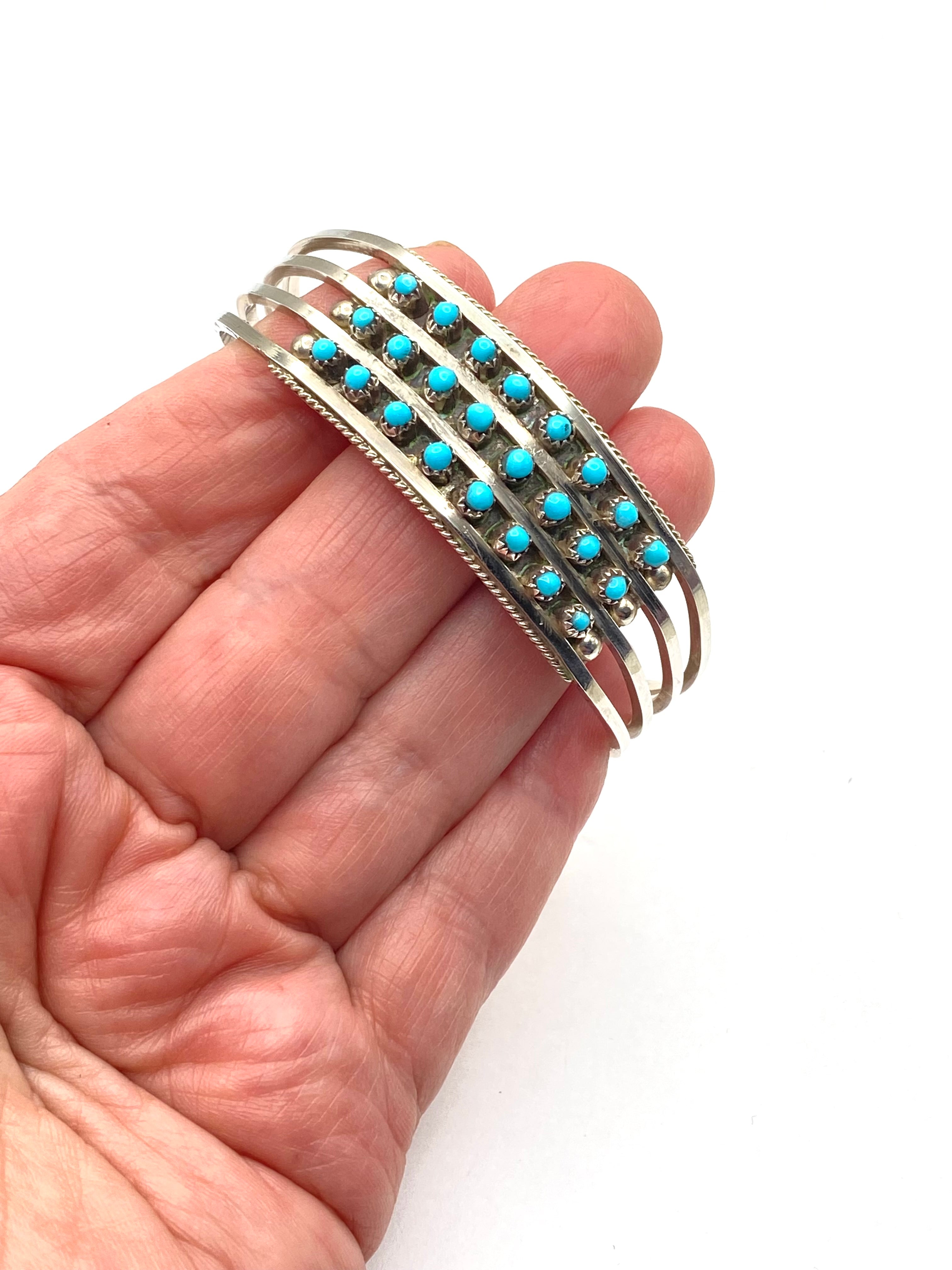 Sterling 4-Rail Bracelet Petite Turquoise 3-Row Zuni Native American Signed