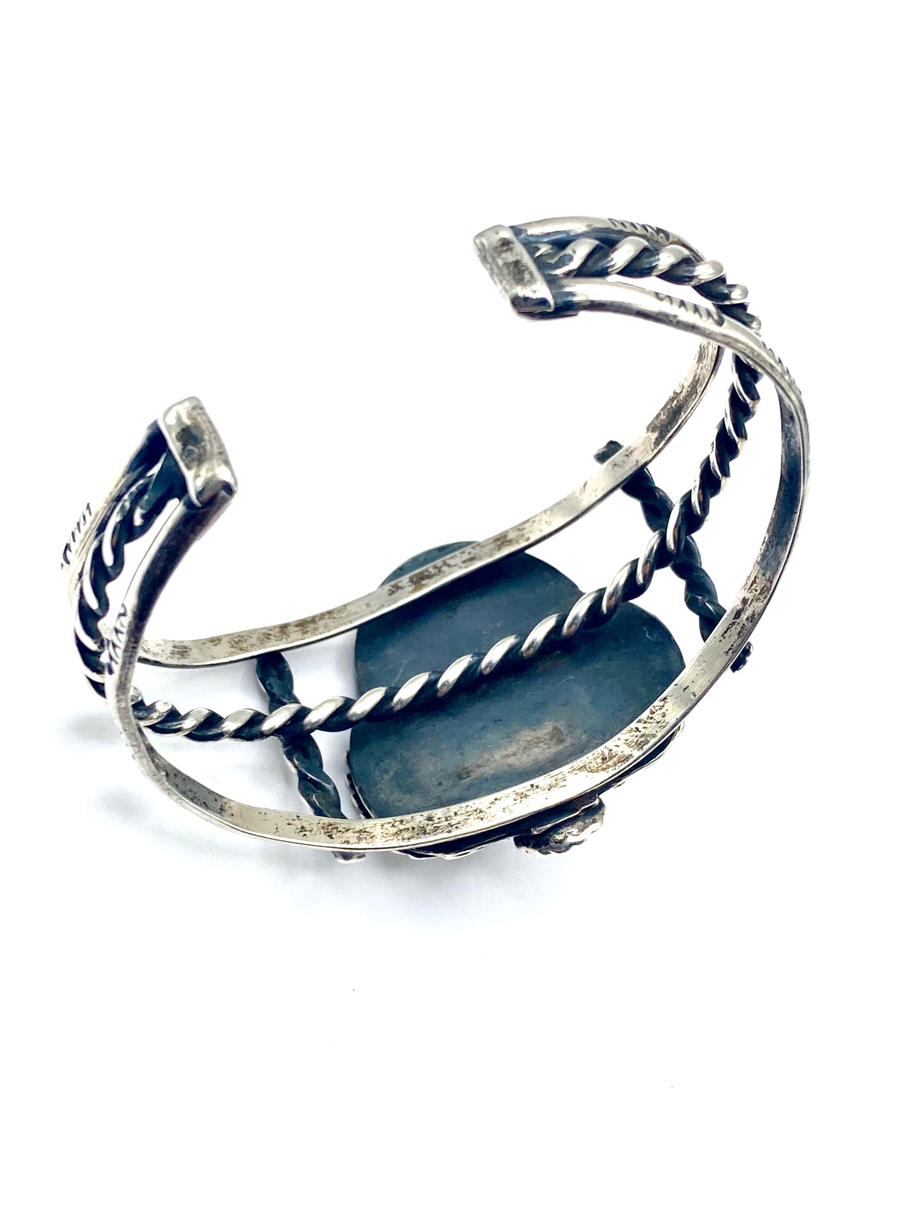 VTG Sterling Turquoise Bracelet 3-Rail Leaf Flower Applique Native American