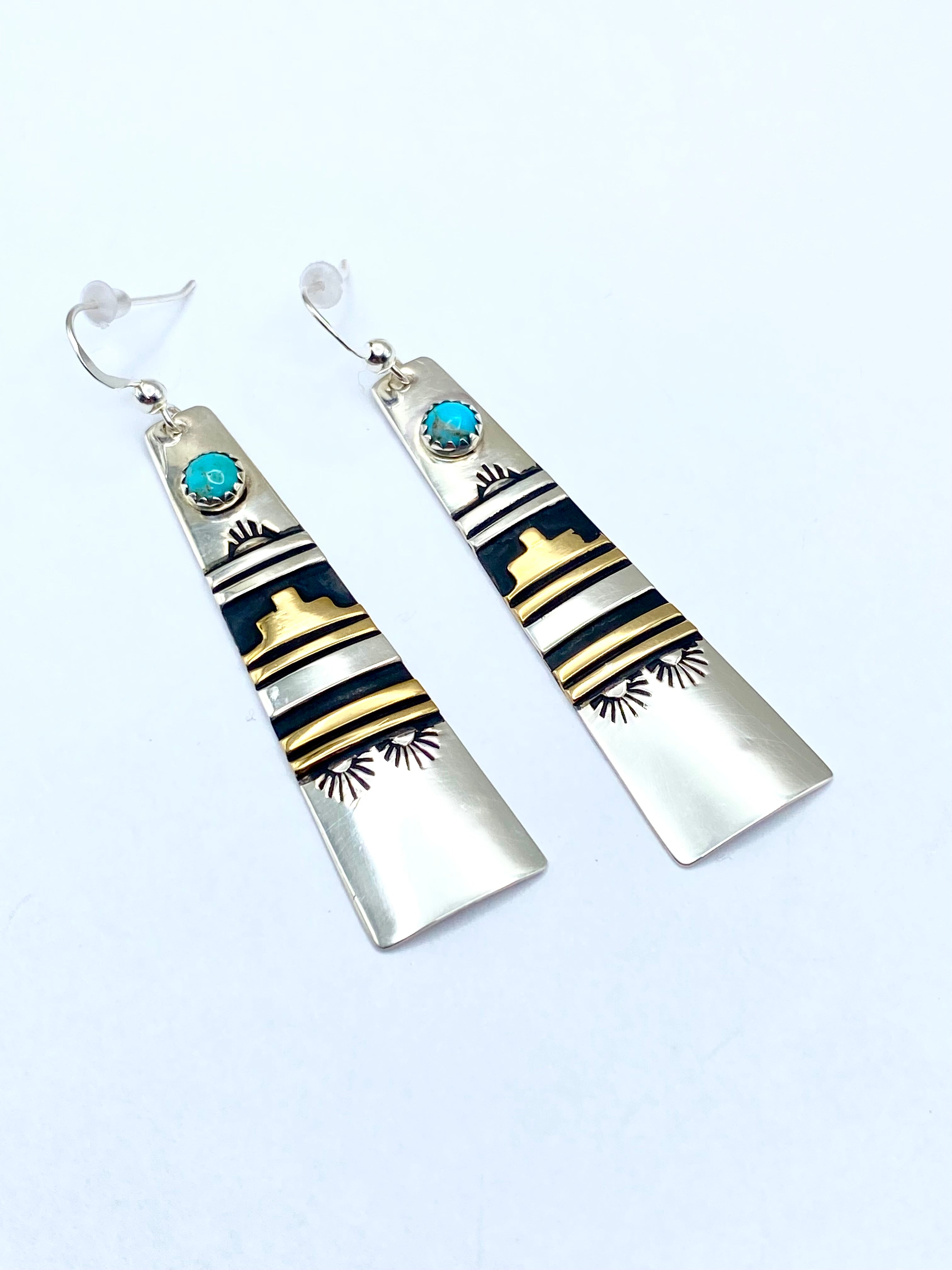 Sterling Turquoise Dot Earrings Long Triangle Overlay T&R Singer Navajo