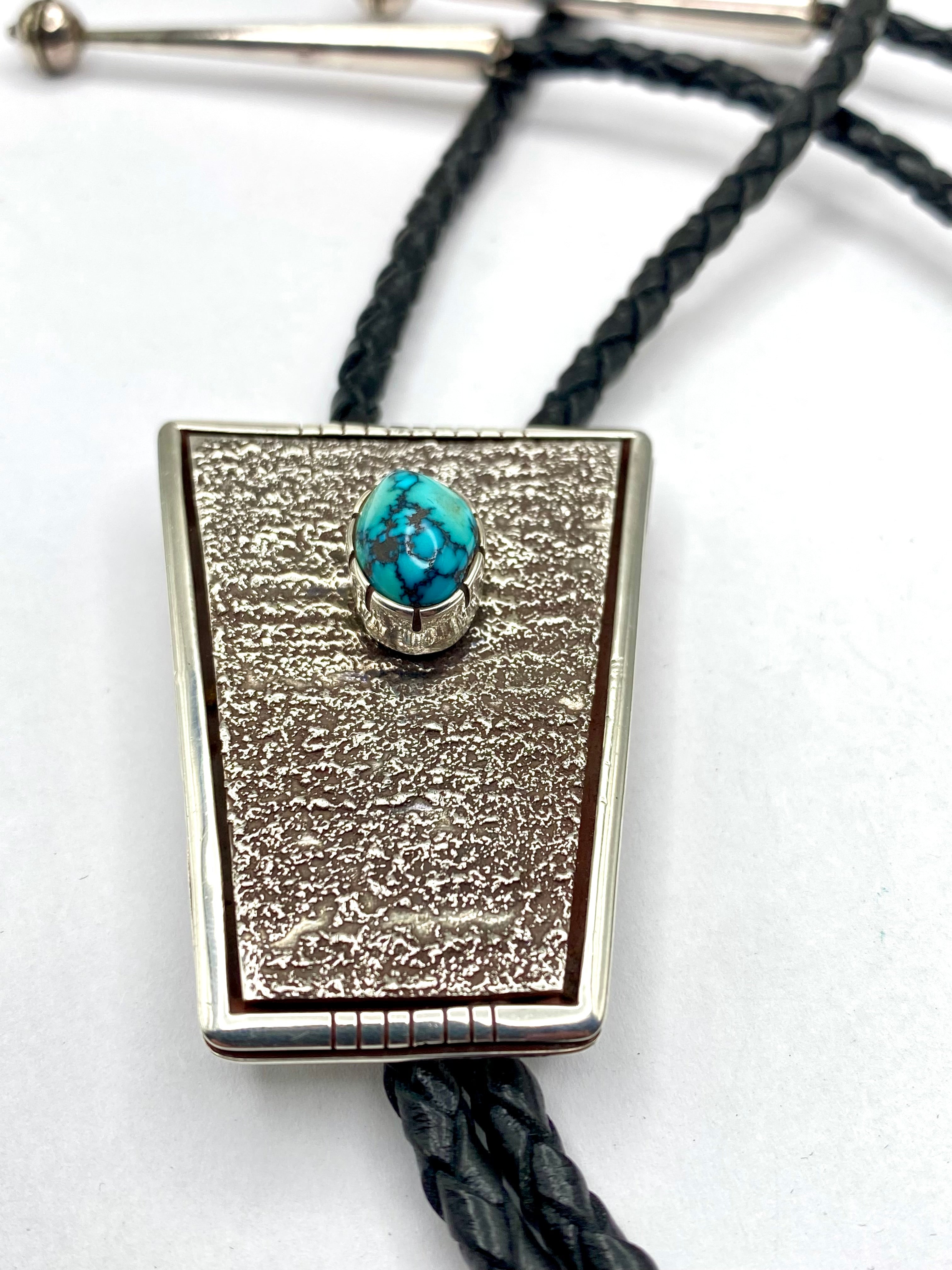 Sterling Silver Tufa Cast Bolo Tie Turquoise Heavy Gage Navajo Vernon Begaye