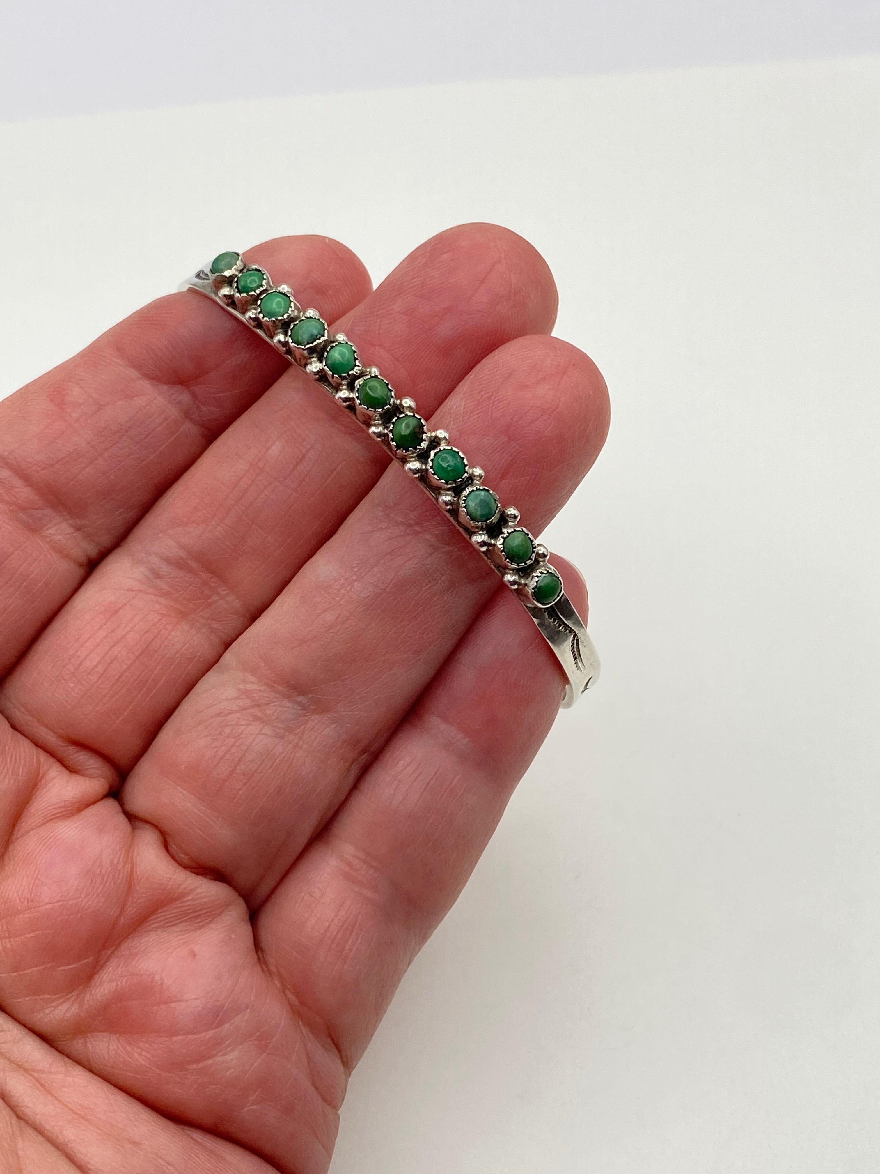 VTG Petite Sterling Cuff Green Turquoise Snake Eye Row Native American Handmade