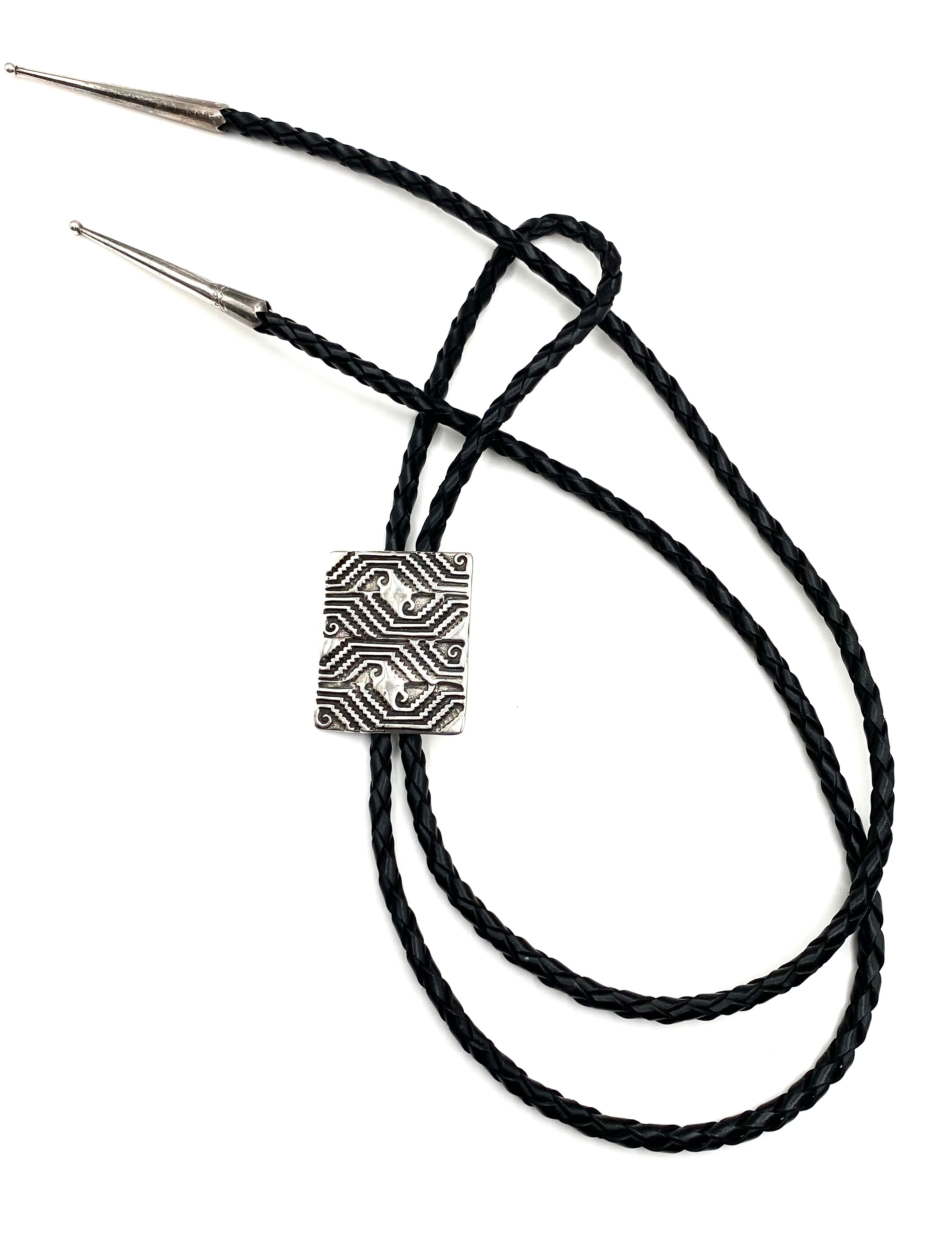 VTG Sterling Bolo Tie Rectangle Geometric Overlay  Rug Pattern Native American