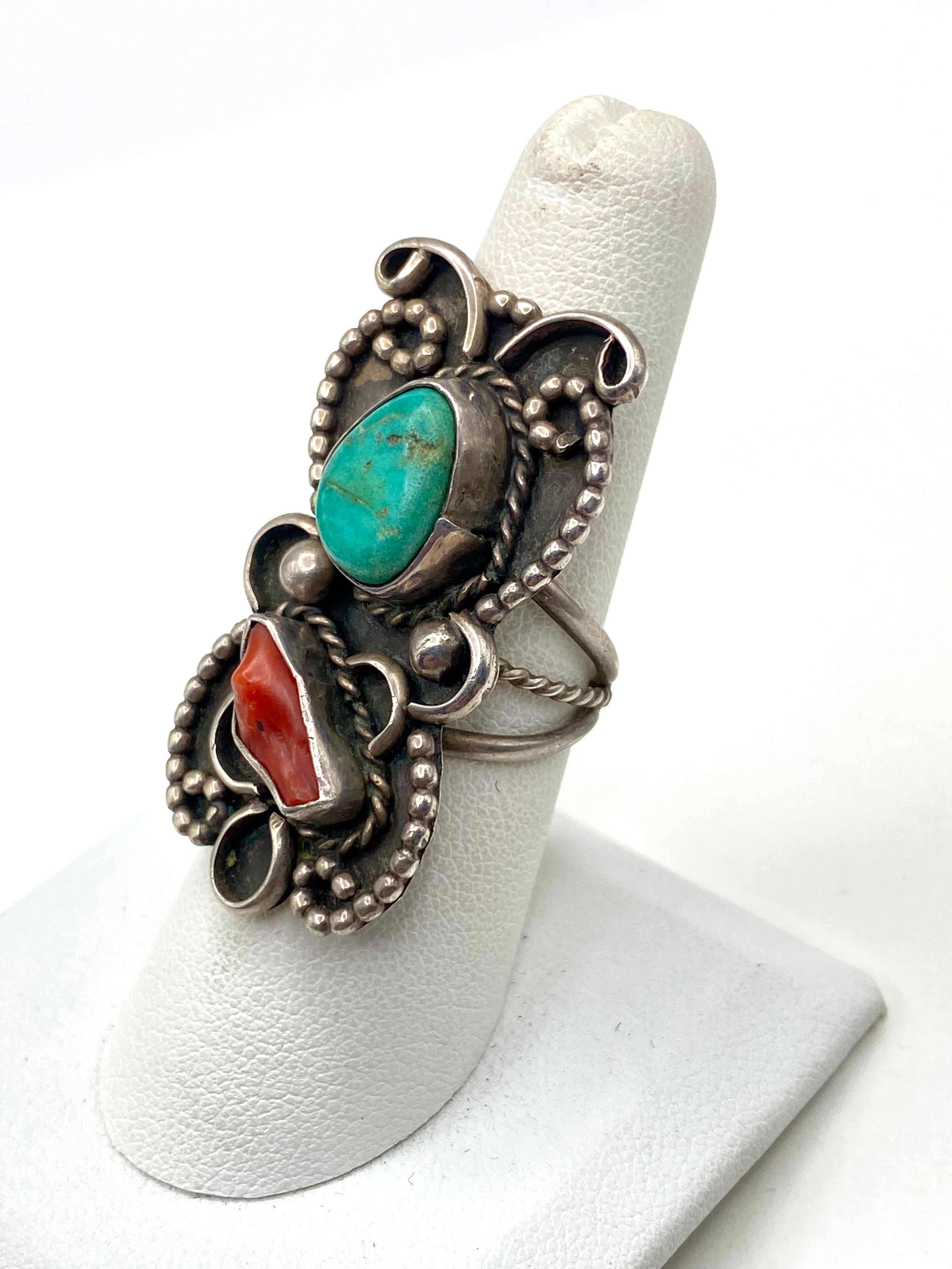 VTG Green Turquoise Coral Ring Silver Size 7.5 Triple Shank Native American