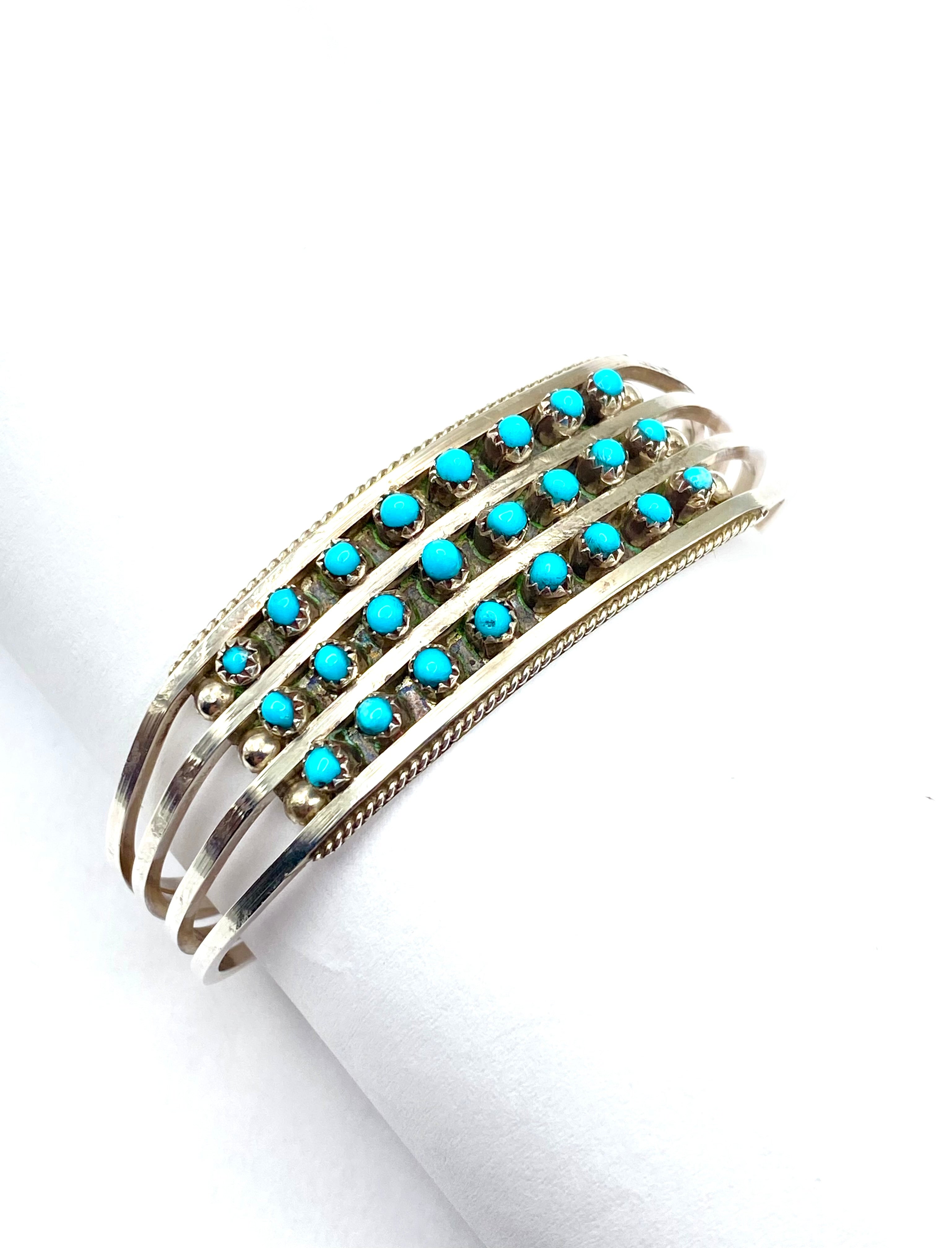 Sterling 4-Rail Bracelet Petite Turquoise 3-Row Zuni Native American Signed