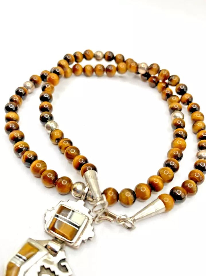 VTG Tiger Eye Bead Necklace 21" Sterling Inlay Kachina Pendant Navajo E. Hoskie