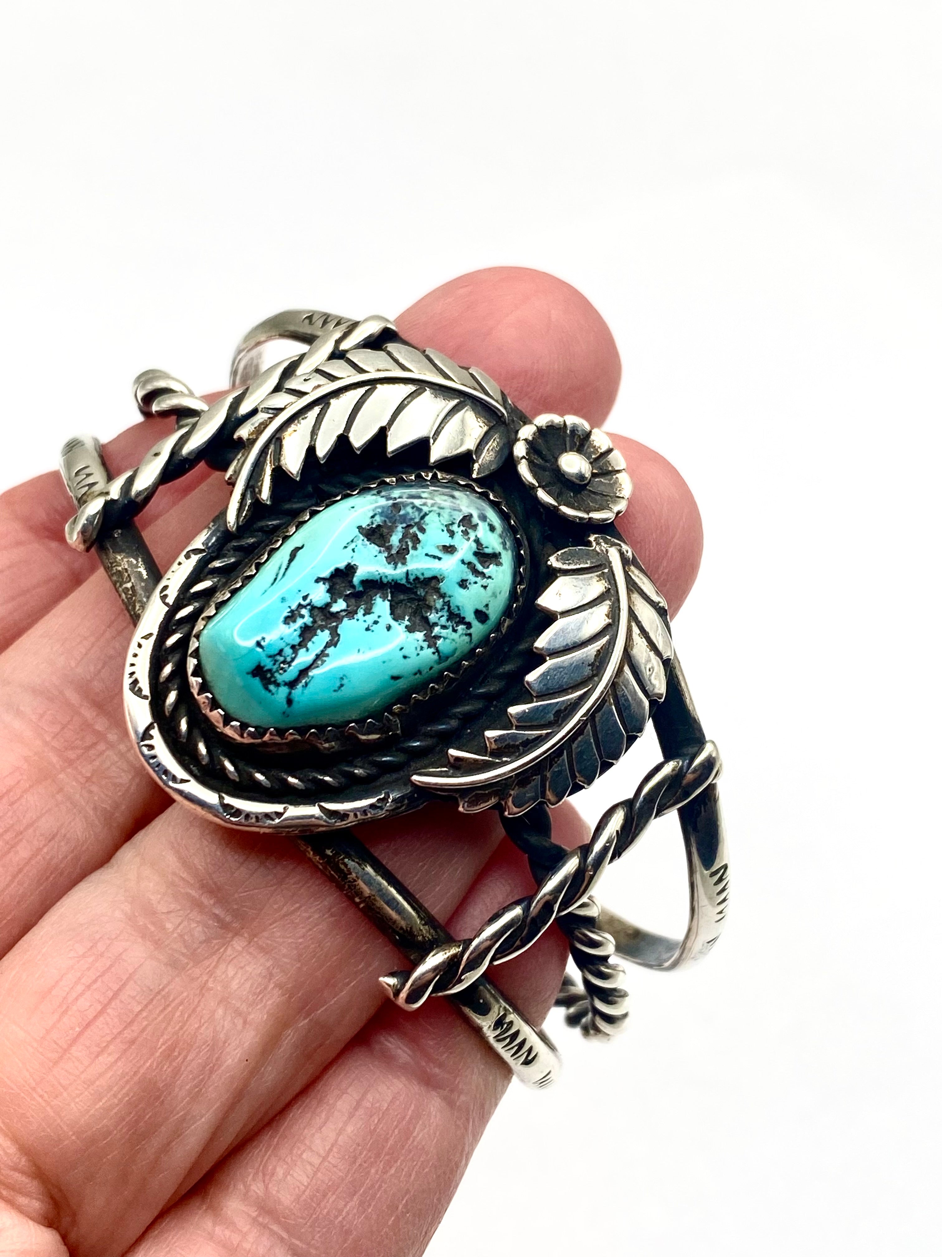 VTG Sterling Turquoise Bracelet 3-Rail Leaf Flower Applique Native American