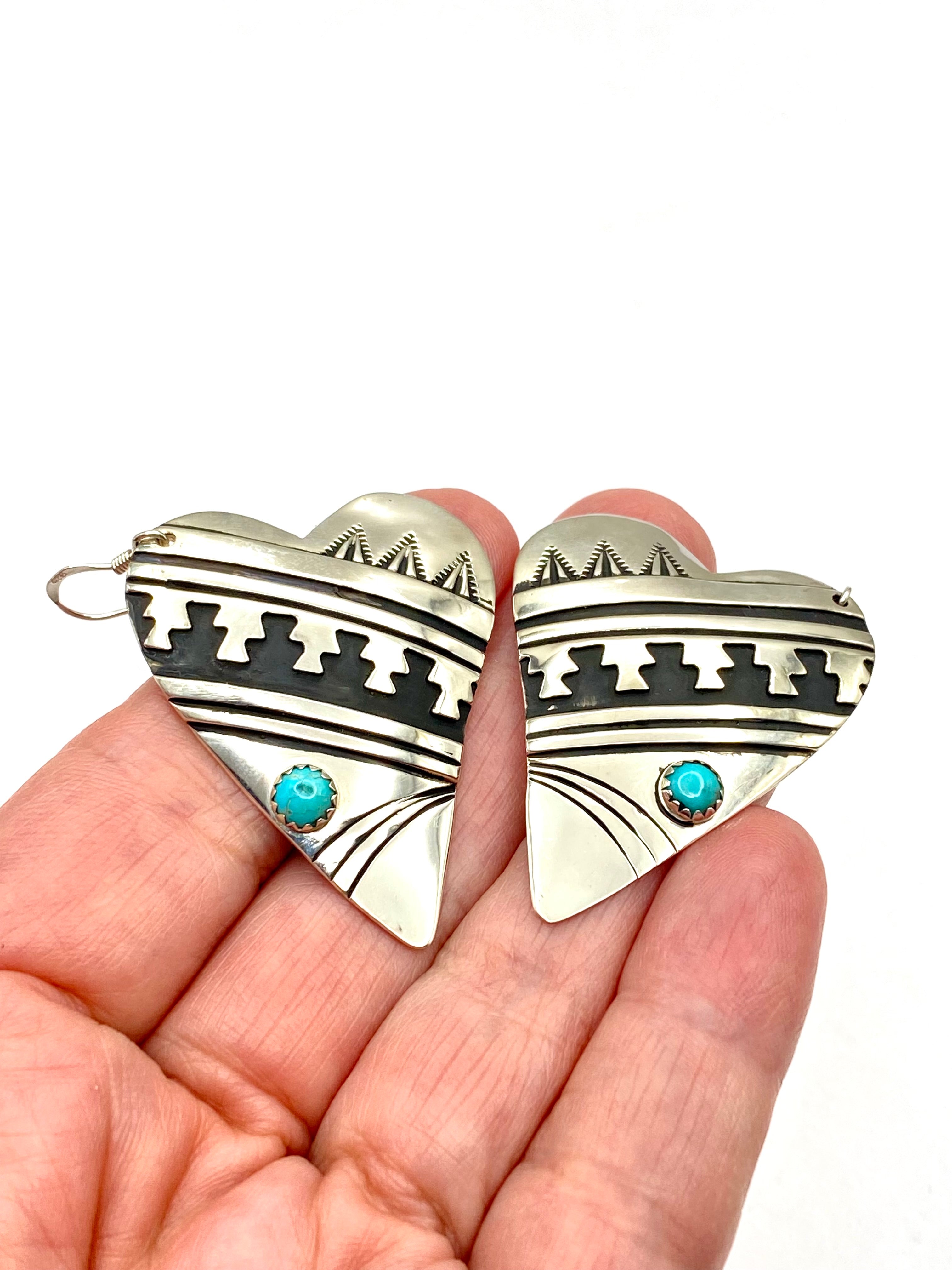 Sterling Overlay Heart Shaped Earrings Snake Eye Turquoise T&R Singer Navajo