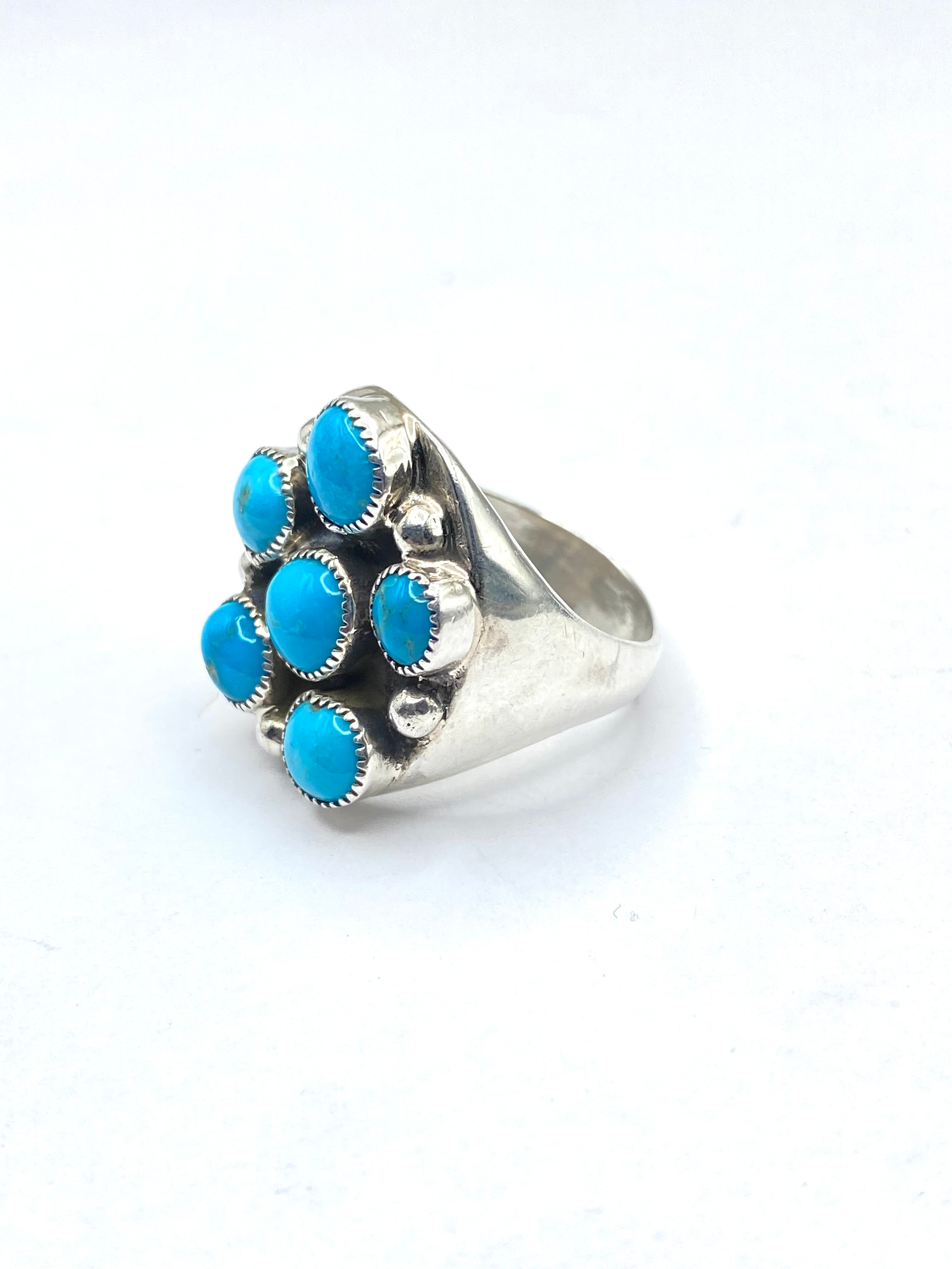 Sterling Heavy Gauge Turquoise Cluster Ring Size 10 Flared Band Native American