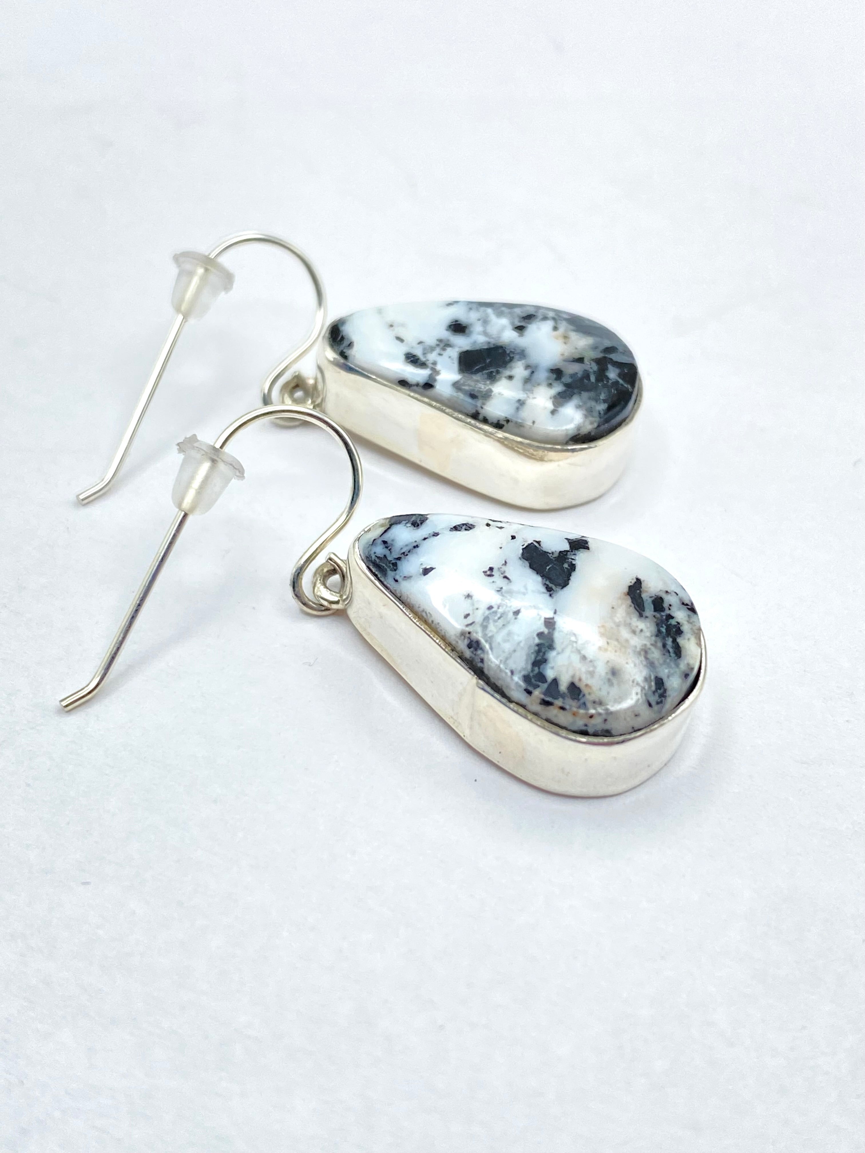 Teardrop White Buffalo Hook Earrings Sterling Dangles Native American Signed
