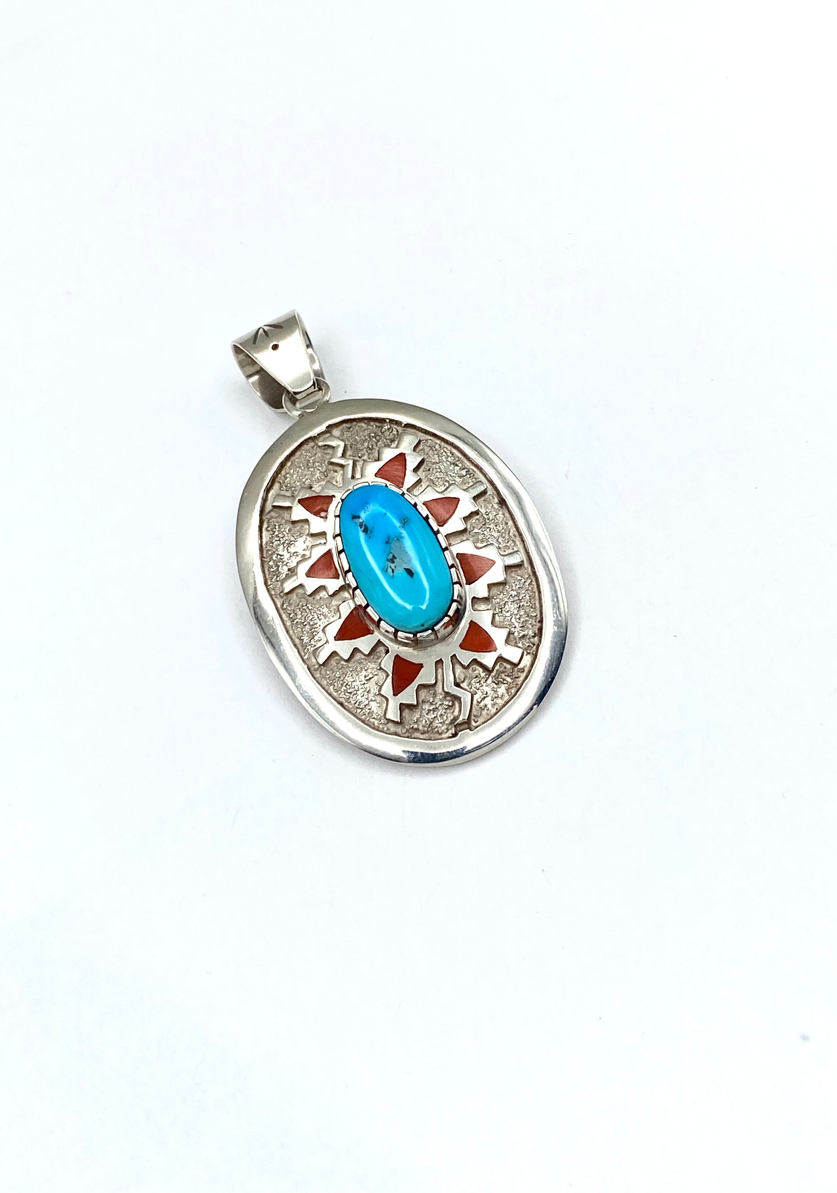 Sterling Oval Tufa Cast Pendant Turquoise Inlay Coral Michael Perry Navajo
