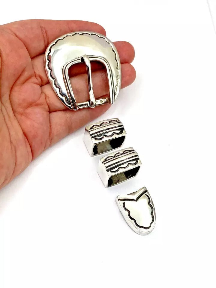VTG Sterling 4 Piece Ranger Set Belt Buckle Heavy Gauge Southwestern Signed