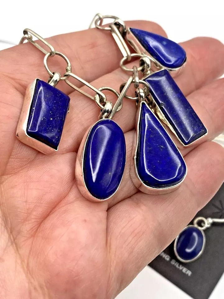 Lapis 5-Pendant Necklace Earring Set Handmade Chain 25" Navajo Native American