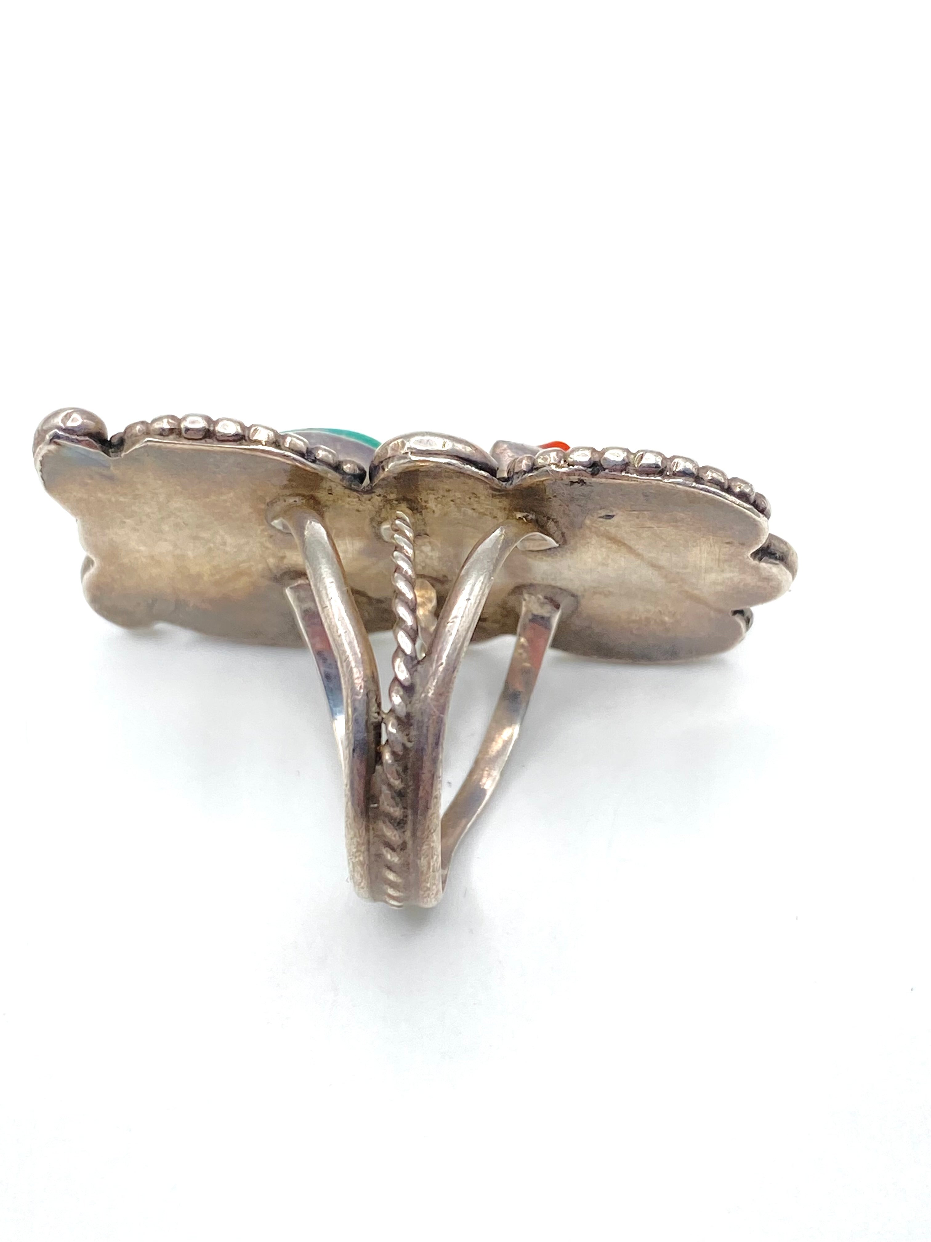 VTG Green Turquoise Coral Ring Silver Size 7.5 Triple Shank Native American
